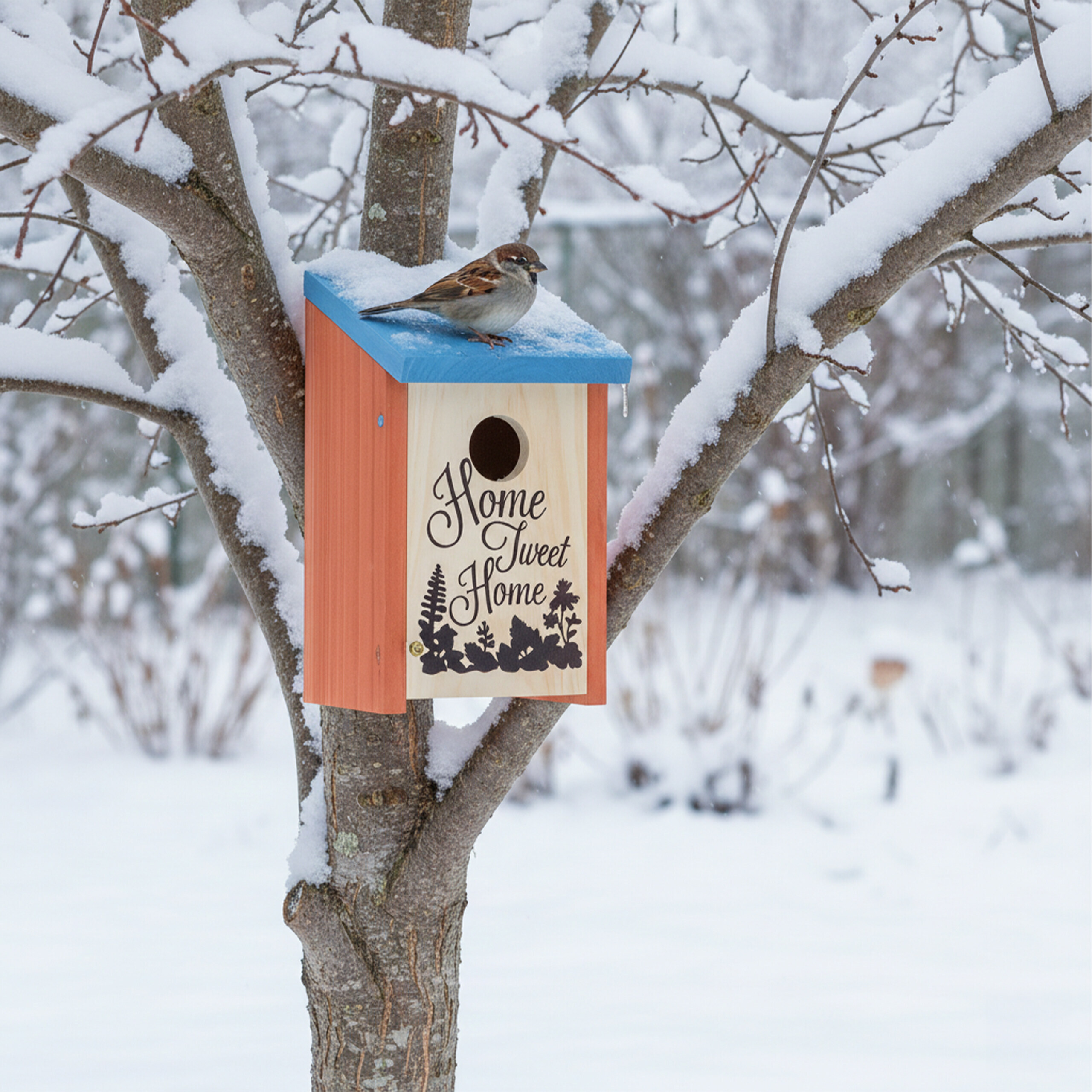 Ein kleiner Vogel sitzt auf einem bunt gemalten Nistkasten in einem schnee bedeckten Baum.