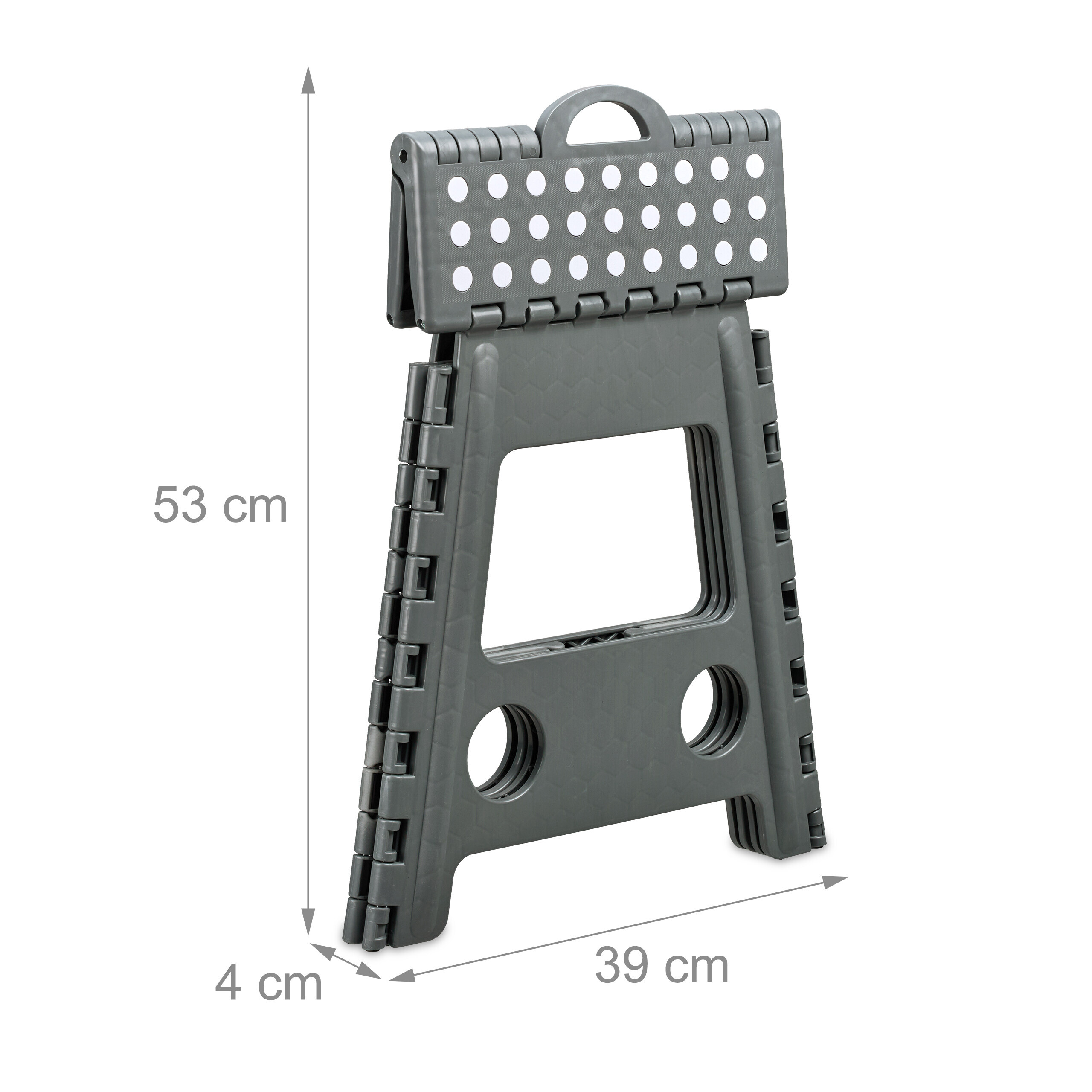 Grauer Klapptritt mit den Maßen 53 cm Höhe, 39 cm Breite und 4 cm Tiefe im zusammengeklappten Zustand.