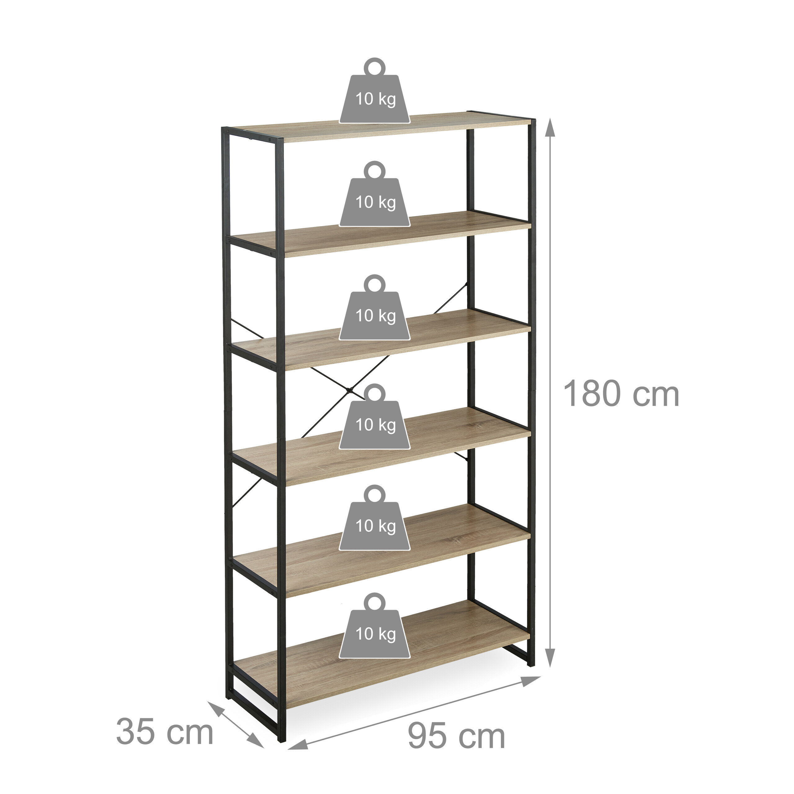 Holzregal mit schwarzem Metallgestell, 180x95x35 cm, jede Ebene trägt 10 kg.