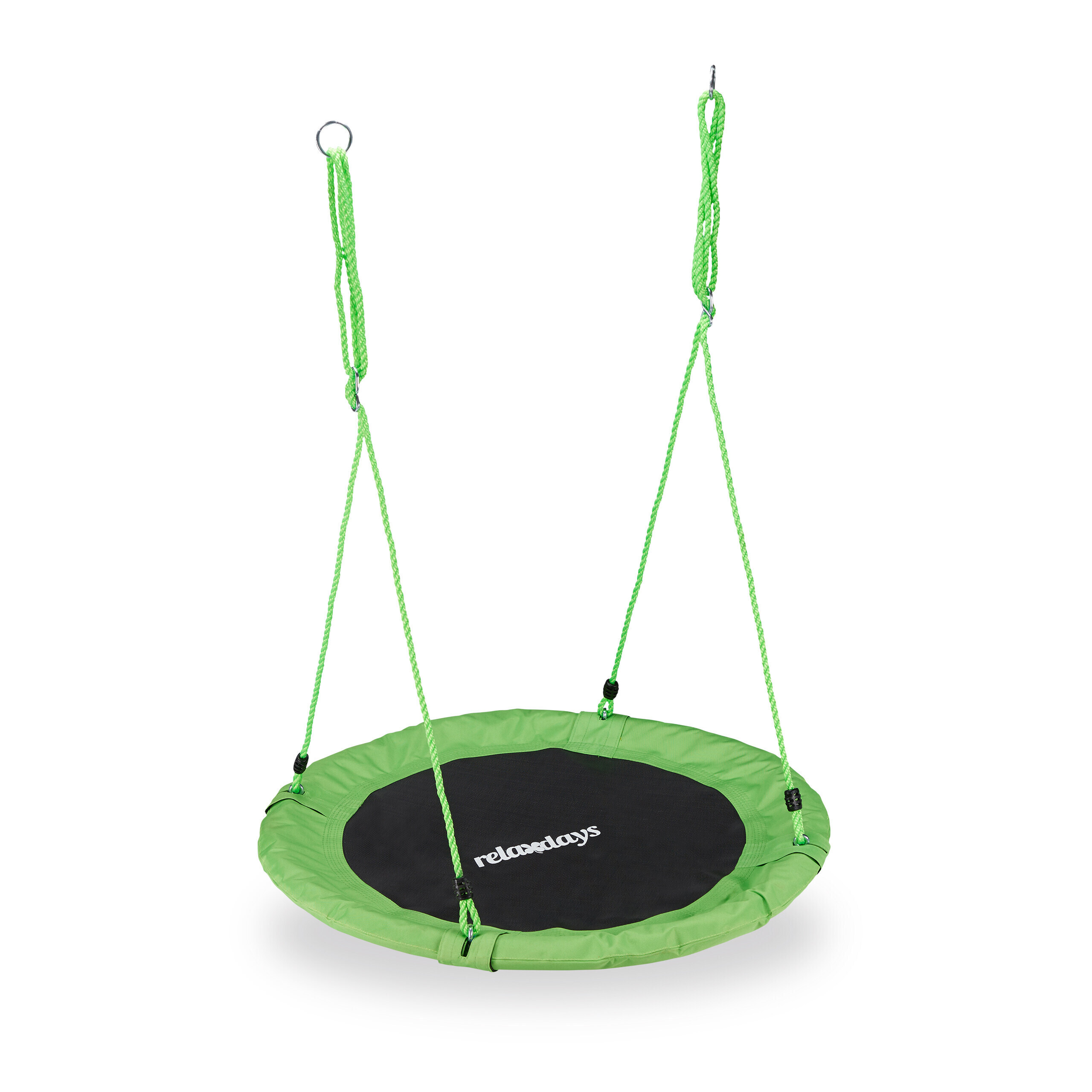 Grüne Nestschaukel mit schwarzem Sitznetz und Aufhängeseilen.