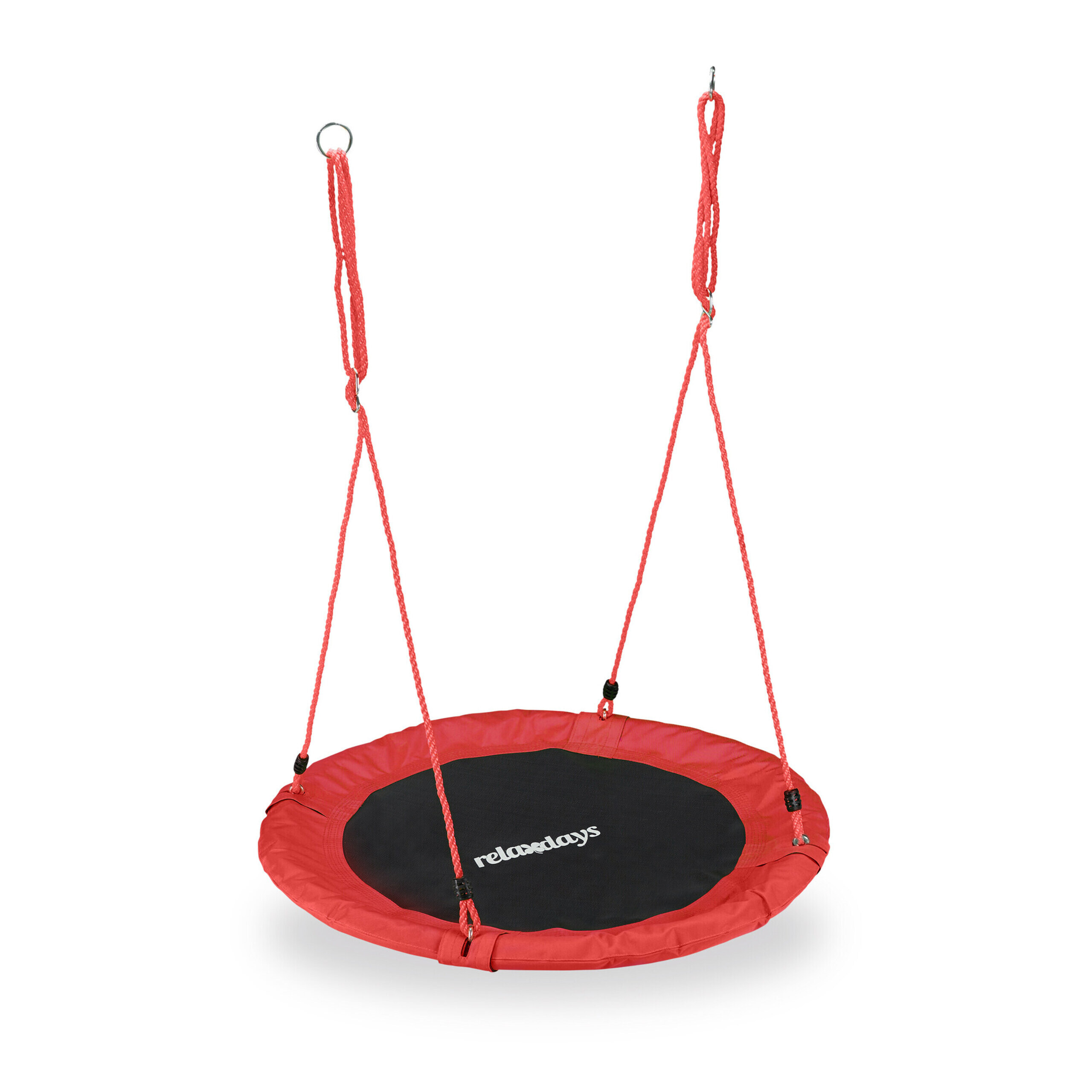 Rote Nestschaukel mit schwarzer Sitzfläche und weißem Relaxdays-Logo, aufgehängt an roten Seilen vor weißem Hintergrund.