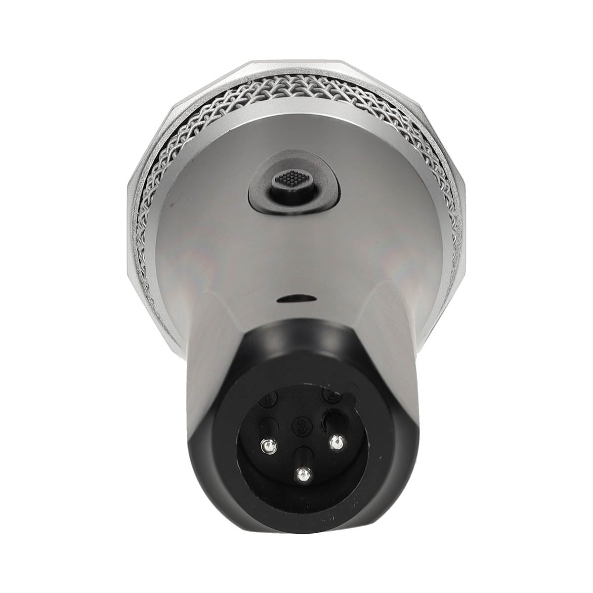 Bottom view of a silver and black microphone showing an XLR connector and switch.