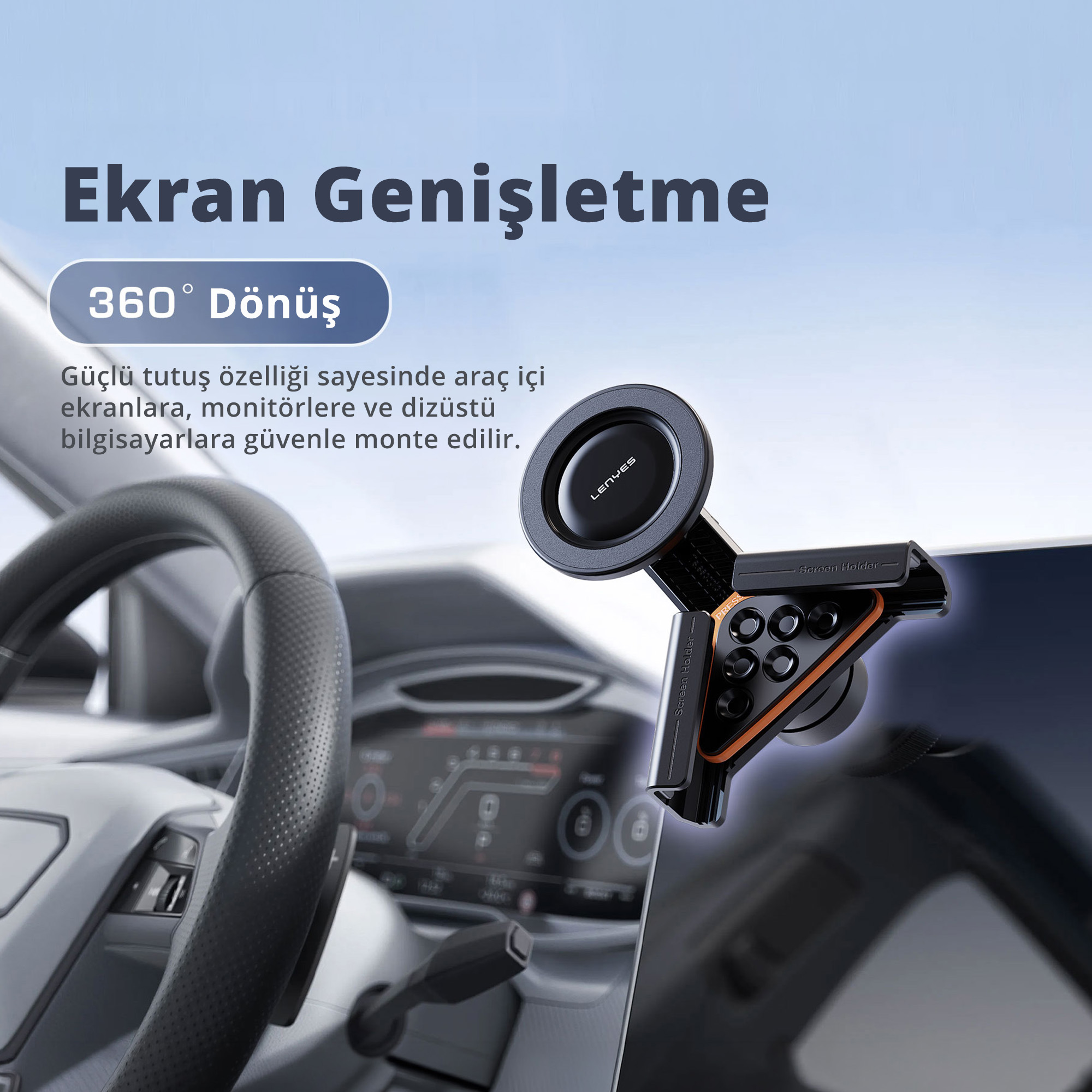 Araba ekranına monte edilmiş siyah telefon tutucu ve Türkçe yazılar.