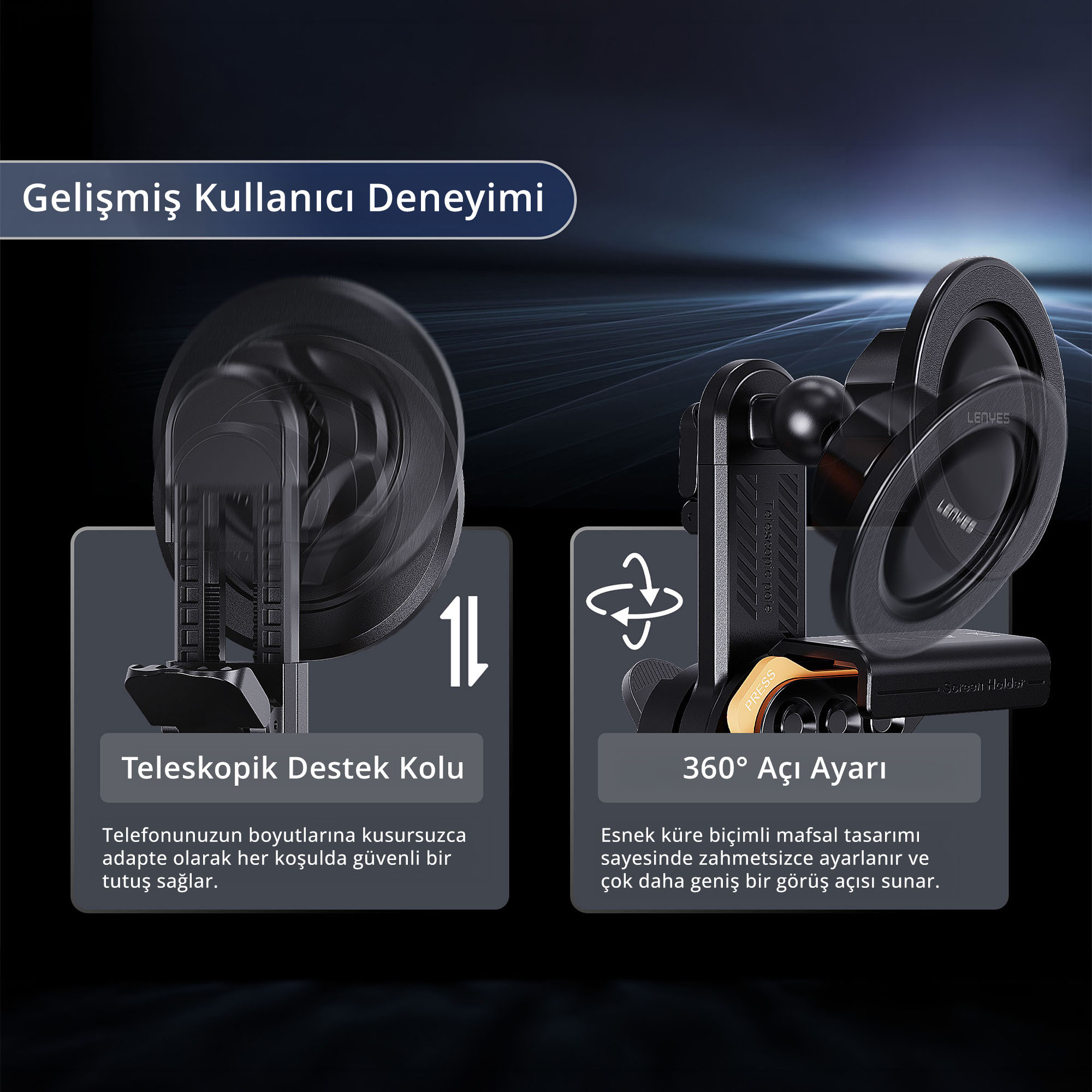Mavi arka plan önünde teleskopik kol ve 360 derece dönme özellikleri sunan iki siyah telefon tutucu.
