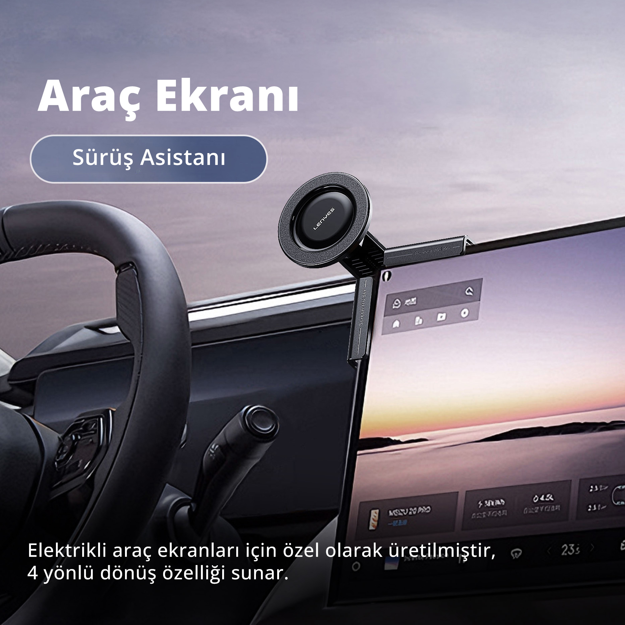 Araç ekranına monte edilmiş telefon tutucu, direksiyon ve Türkçe yazılar içerir.