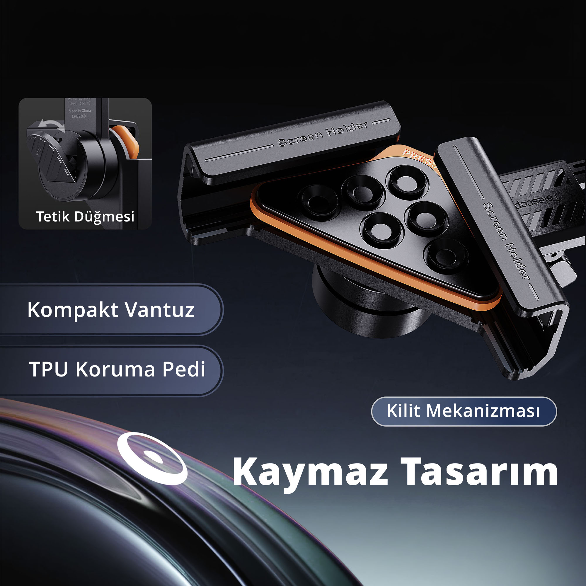 Üçgen tasarımlı, turuncu detaylı ve Türkçe etiketli siyah araç telefonu tutucusu.