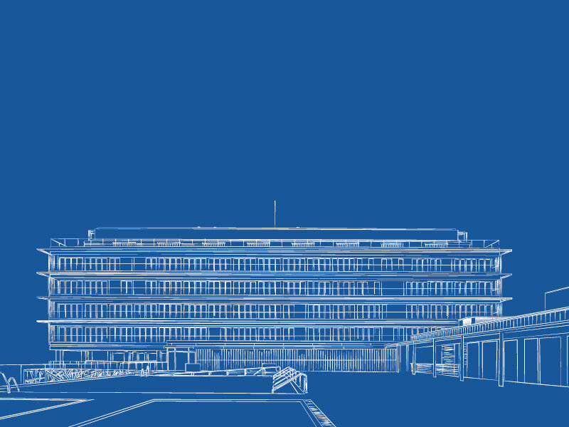 Plano arquitectónico azul de un edificio de oficinas moderno de varios pisos con grandes ventanas y pasarela.