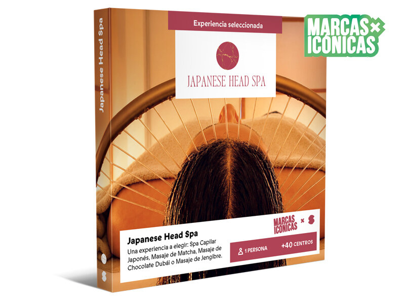 Caja de producto para Japanese Head Spa con imagen de una mujer recibiendo masaje.