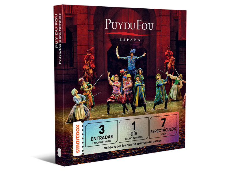 Caja Smartbox de Puy du Fou España con actores con trajes históricos ante un telón de fondo.