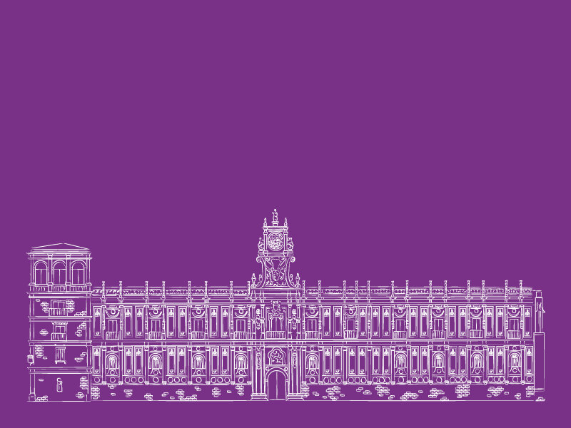 Dibujo de línea blanca de un edificio histórico con torre de reloj sobre fondo morado.