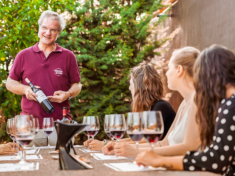 Un hombre presenta botellas de vino a un grupo de mujeres durante una cata de vinos al aire libre.