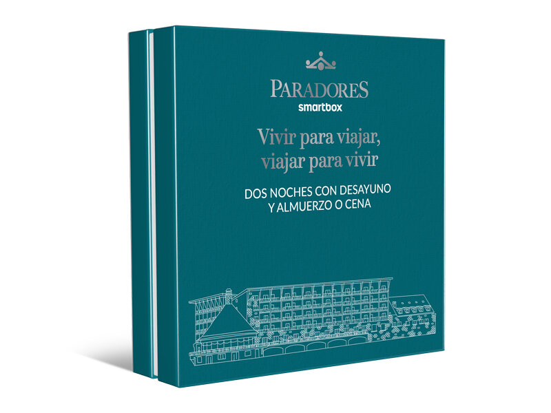 Caja de regalo turquesa Paradores smartbox con texto plateado y un dibujo lineal blanco de un hotel grande.