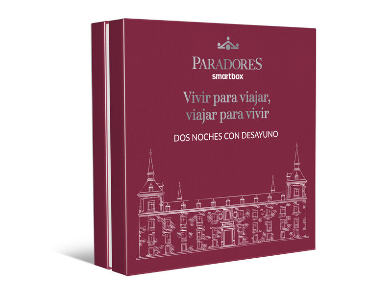 Caja de regalo Paradores Smartbox en granate con texto plateado y dibujo de castillo.