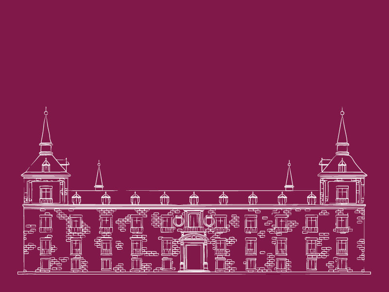 Dibujo de línea blanca de un castillo histórico con torres sobre fondo oscuro.