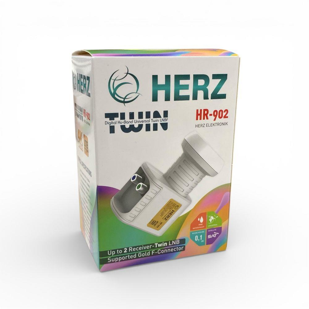 Beyaz arka planda bir Herz HR-902 Dijital Ku-Band Universal Twin LNBF ürün ambalajı.