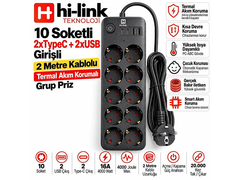 HI-LINK 10 Soketli 2xType-C +2xUSB Girişli 2 Metre Kablolu Akım Korumalı Grup Priz