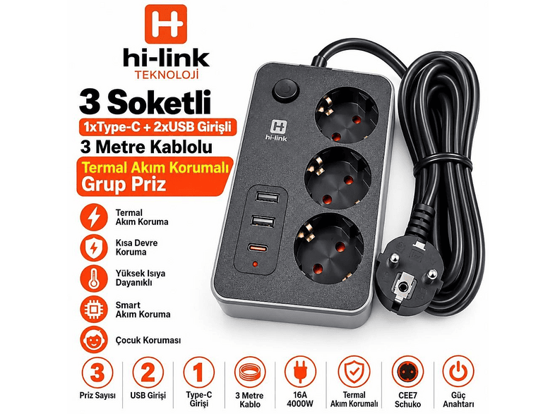 HI-LINK 3 Soketli 1xTypeC+2xUSB Girişli 3 Metre Kablolu Termal Akım Korumalı Grup Priz