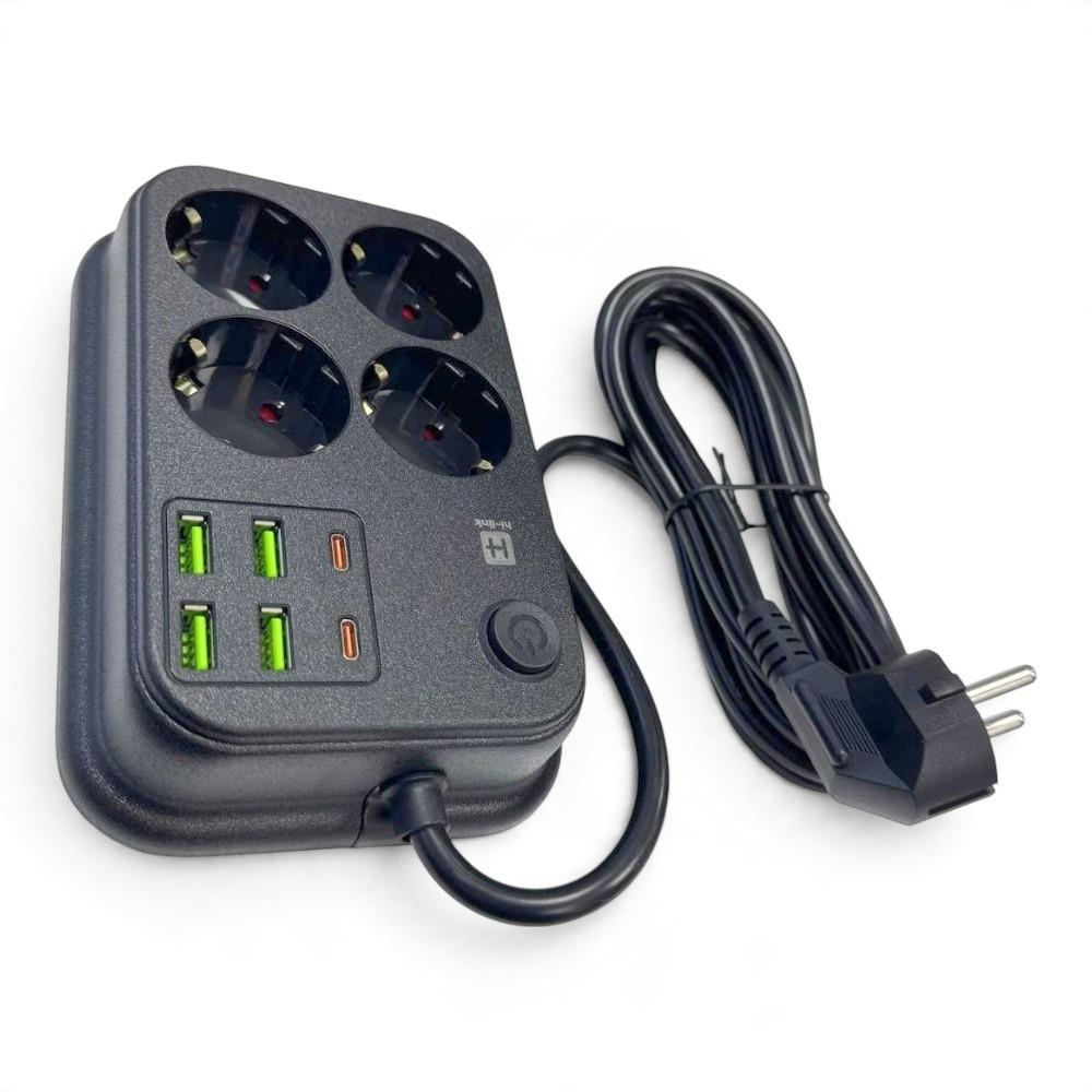 Dört prizli, dört USB portlu, iki USB-C portlu, açma kapama düğmeli ve kablolu siyah uzatmalı priz.