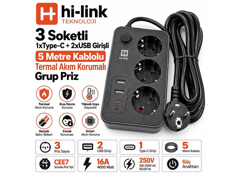 HI-LINK 3 Soketli 1xTypeC+2xUSB Girişli 5 Metre Kablolu Termal Akım Korumalı Priz
