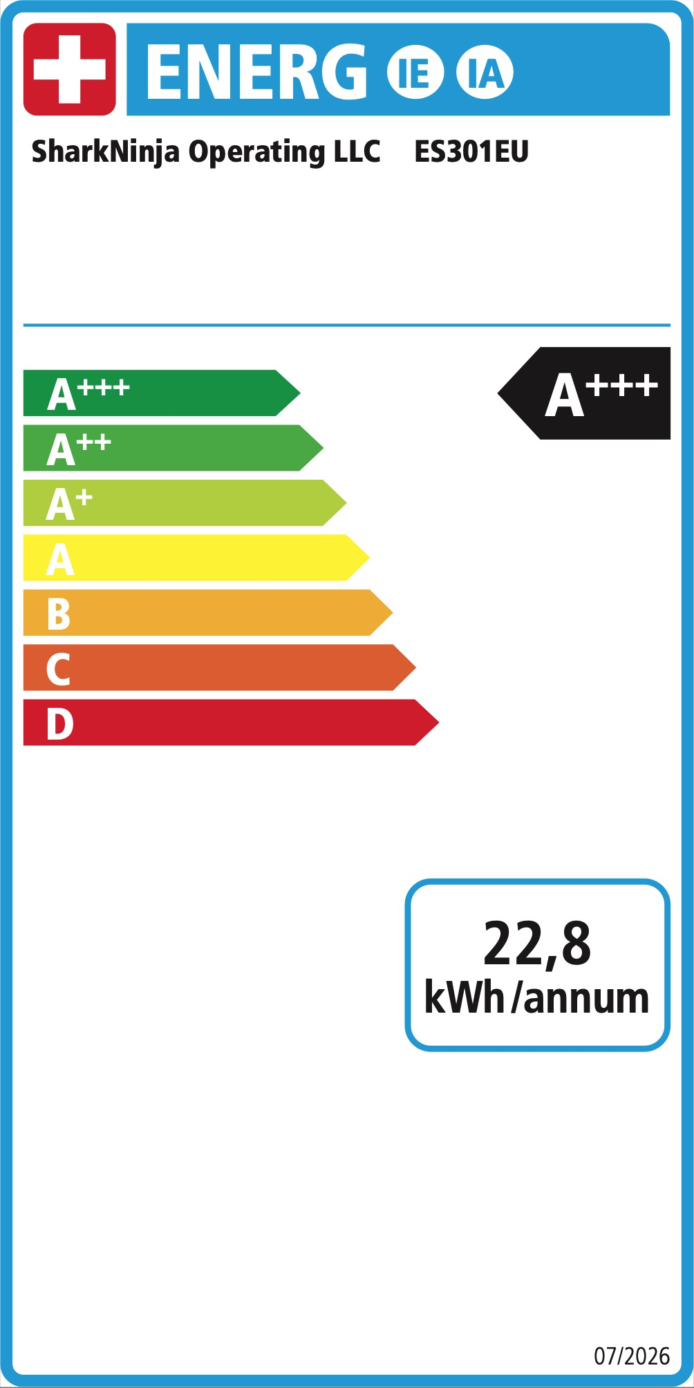 Étiquette énergie A+++ pour SharkNinja ES301EU avec une consommation annuelle de 22,8 kWh.