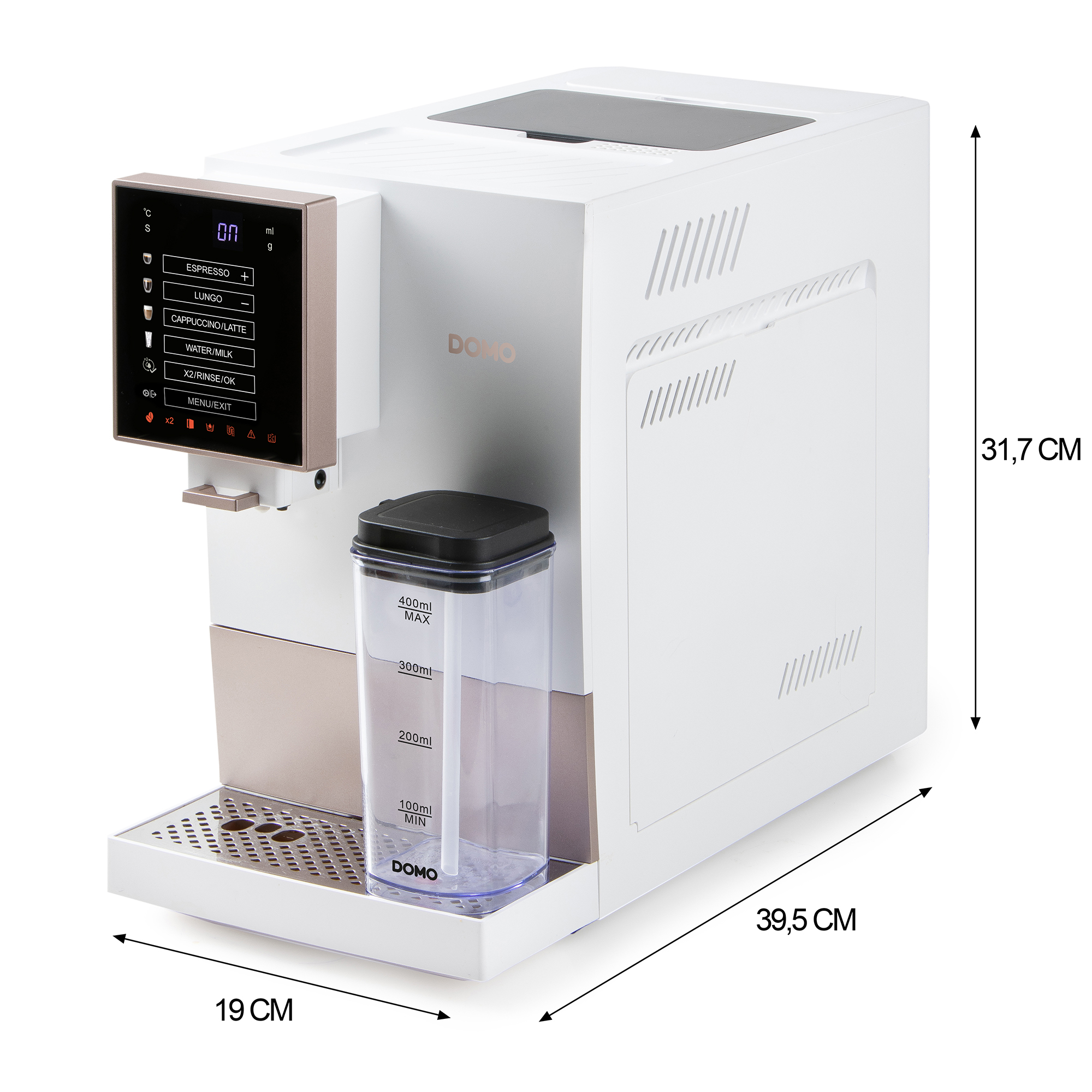Witte en gouden koffiemachine met afneembaar melkreservoir, touchscreen en afmetingen van 19x39,5x31,7 cm.