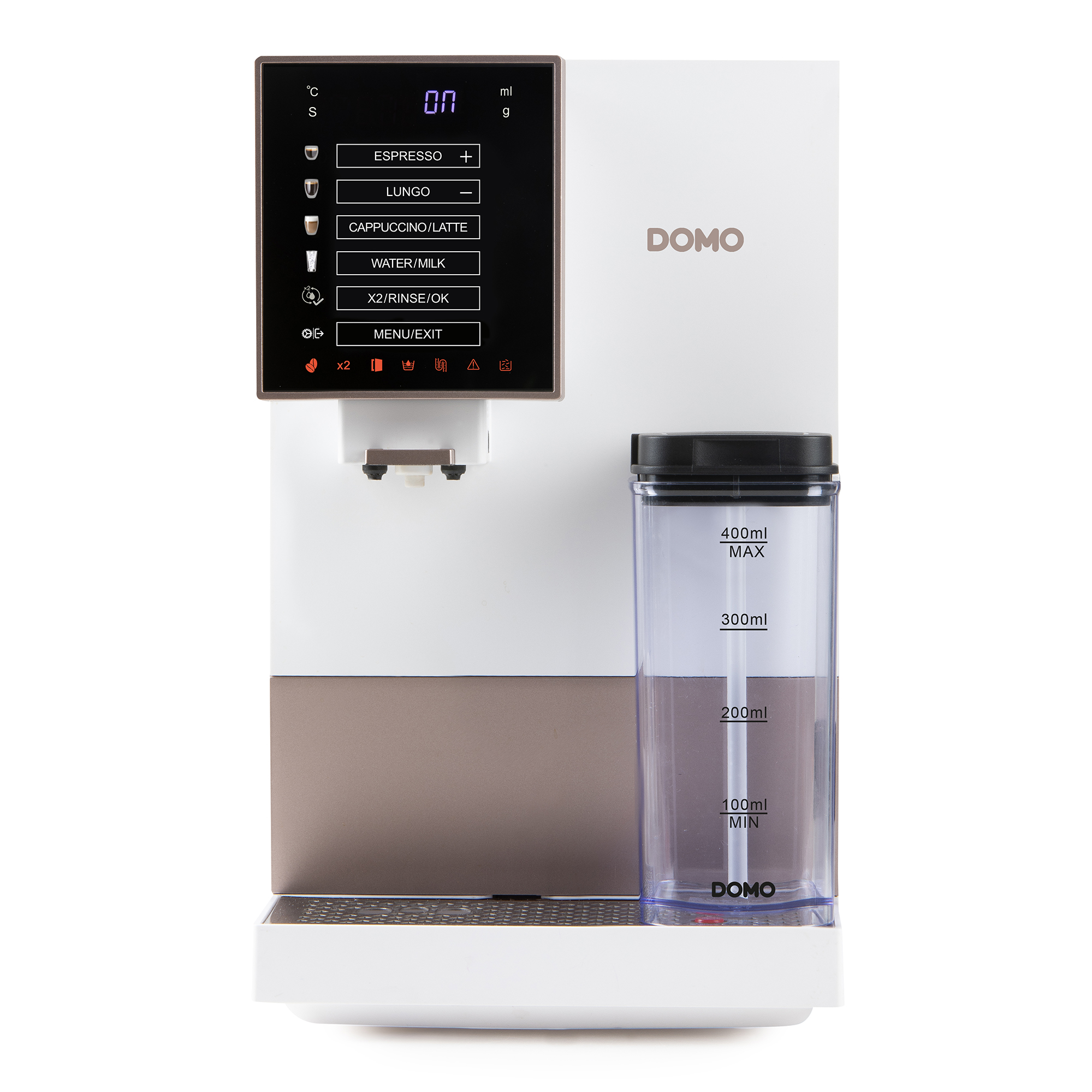 Witte en bronzen Domo koffiemachine met touchscreen en melkreservoir.