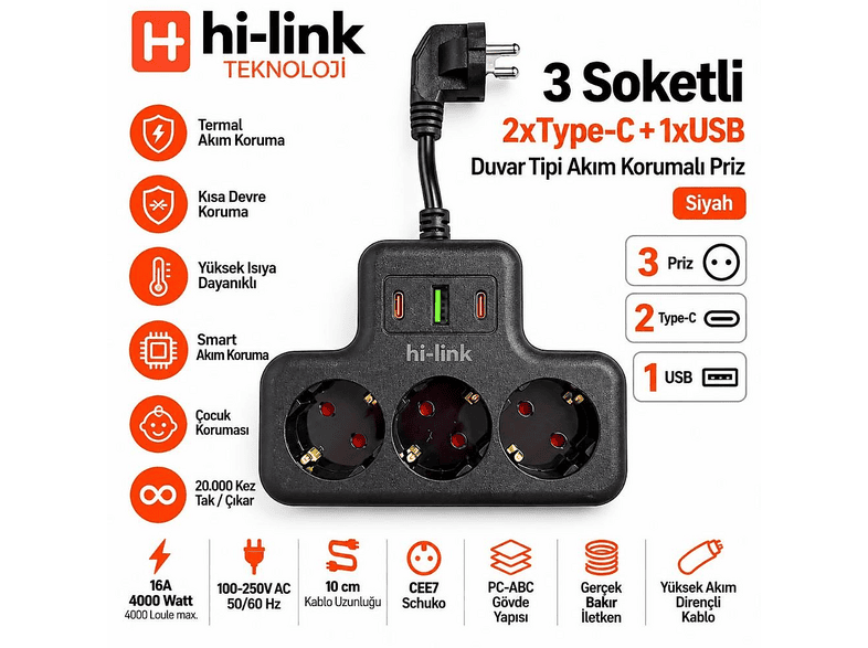 HI-LINK 3 Soketli 2xTypeC+1xUSB Girişli Termal Akım Korumalı Priz - Siyah