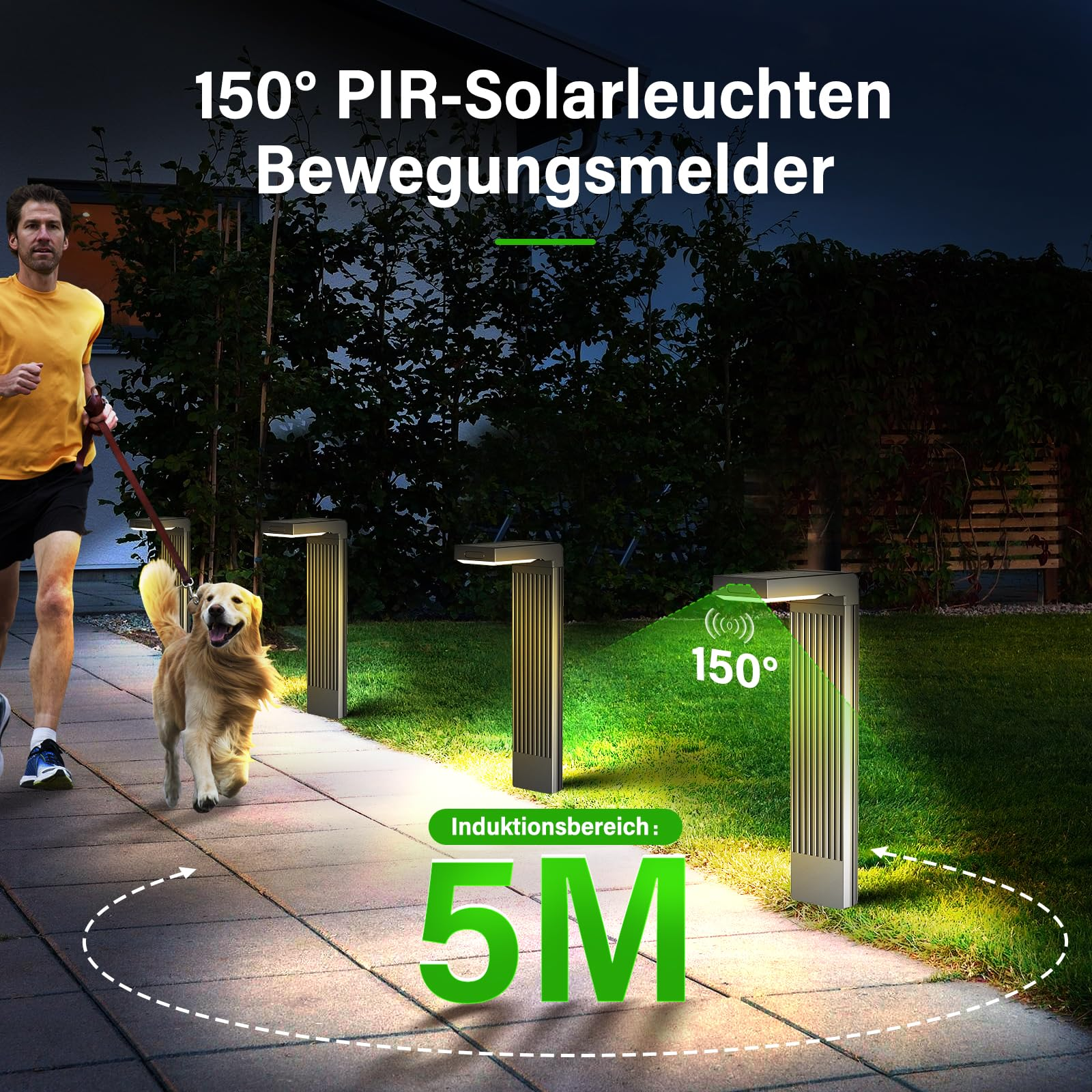 Man sieht einen Mann mit Hund beim Joggen nachts auf einem Weg, beleuchtet von modernen Solar-Wegeleuchten.