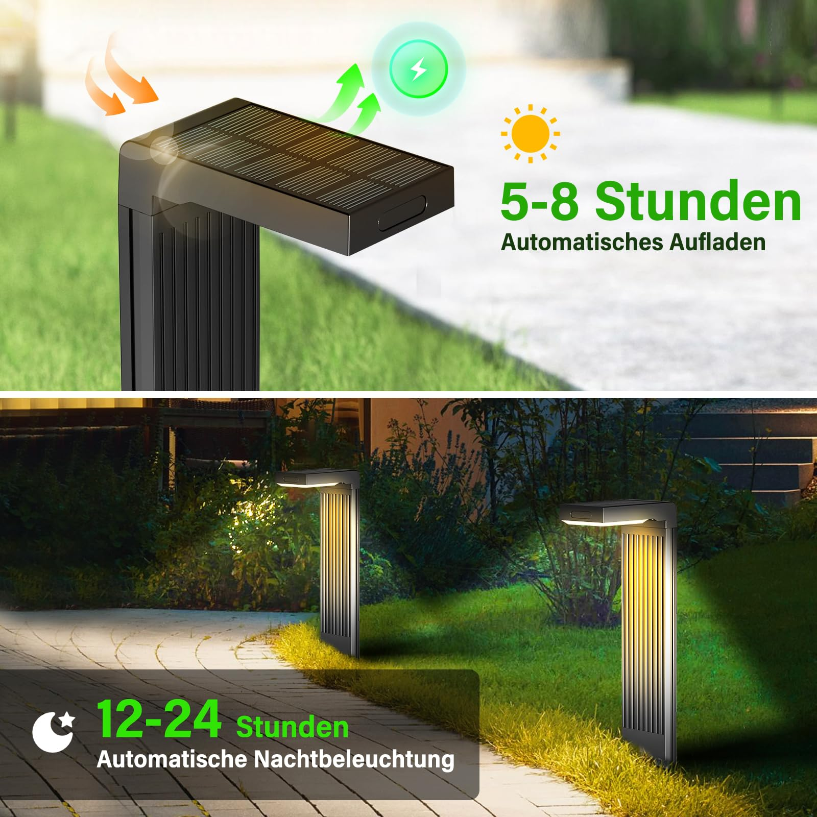 Solarleuchte lädt tagsüber auf und beleuchtet nachts automatisch den Garten.