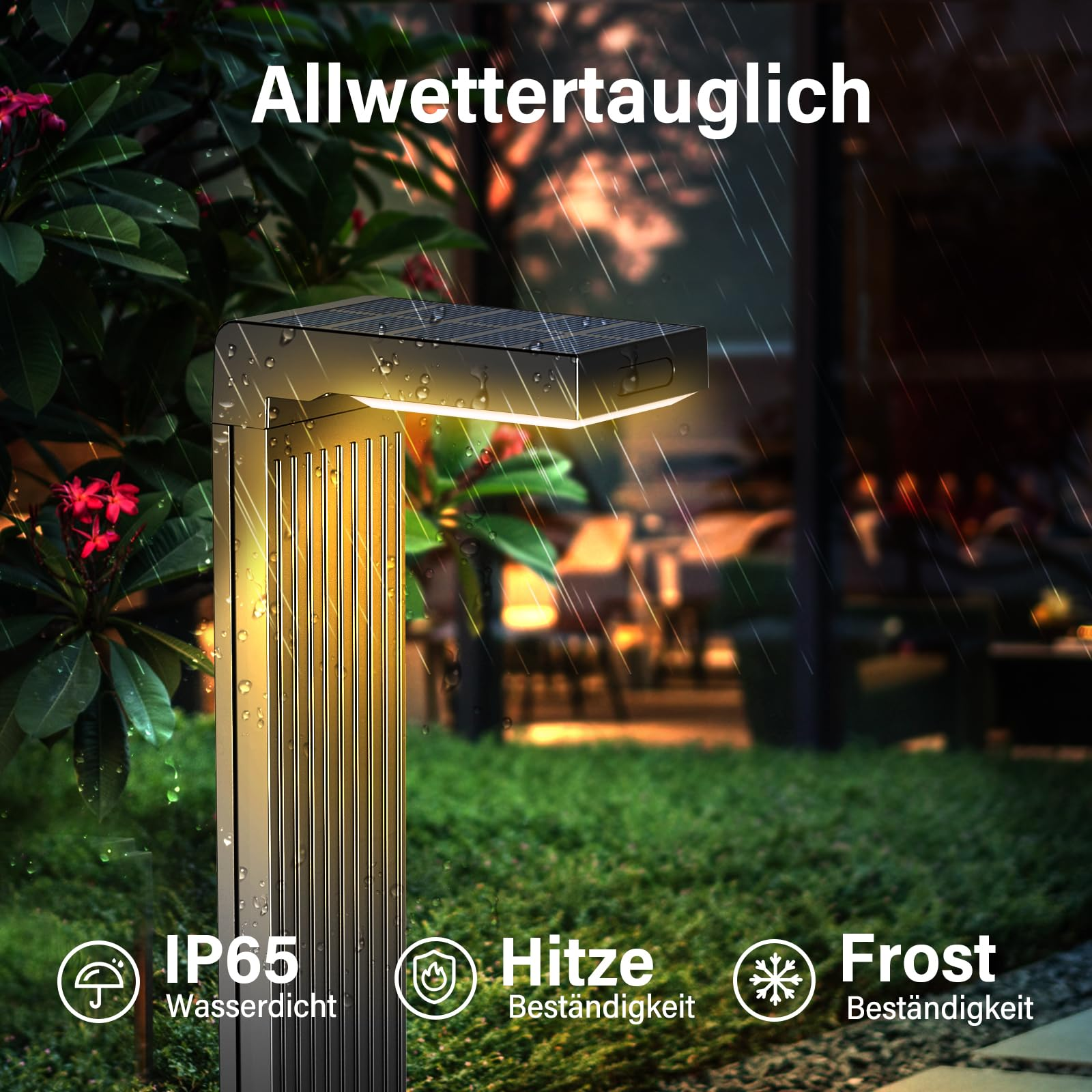 Wasserdichte Solar-Wegeleuchte im Regen mit Text Allwetertauglich, IP65, Hitze- und Frostbeständigkeit.