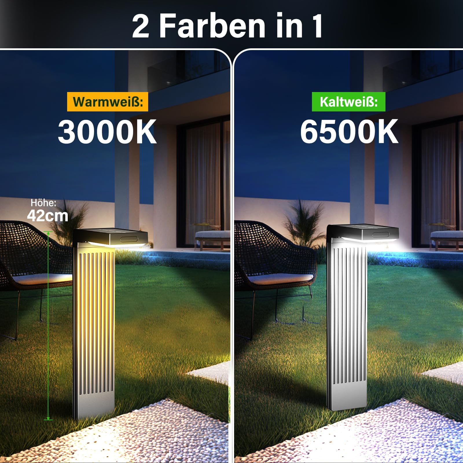 Vergleich einer Gartenleuchte mit 3000K Warmweiß und 6500K Kaltweiß, Höhe 42cm, im nächtlichen Garten.