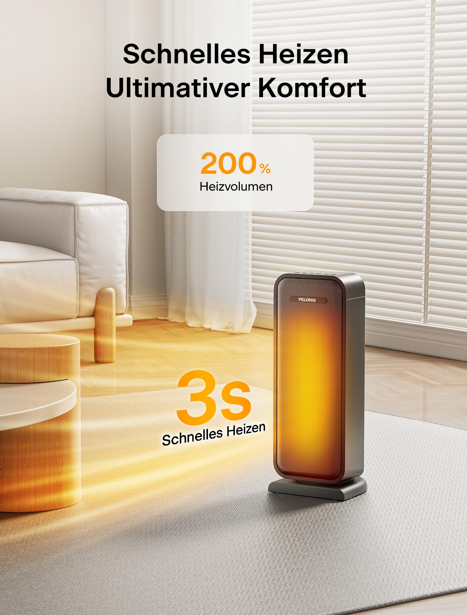 Ein tragbarer Raumheizer steht auf einem Teppich in einem hellen Zimmer.