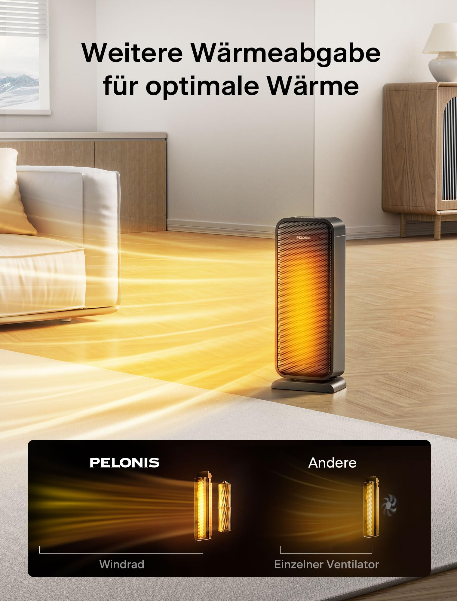 Heizlüfter im Wohnzimmer strahlt warme, orangefarbene Lichtwellen ab.