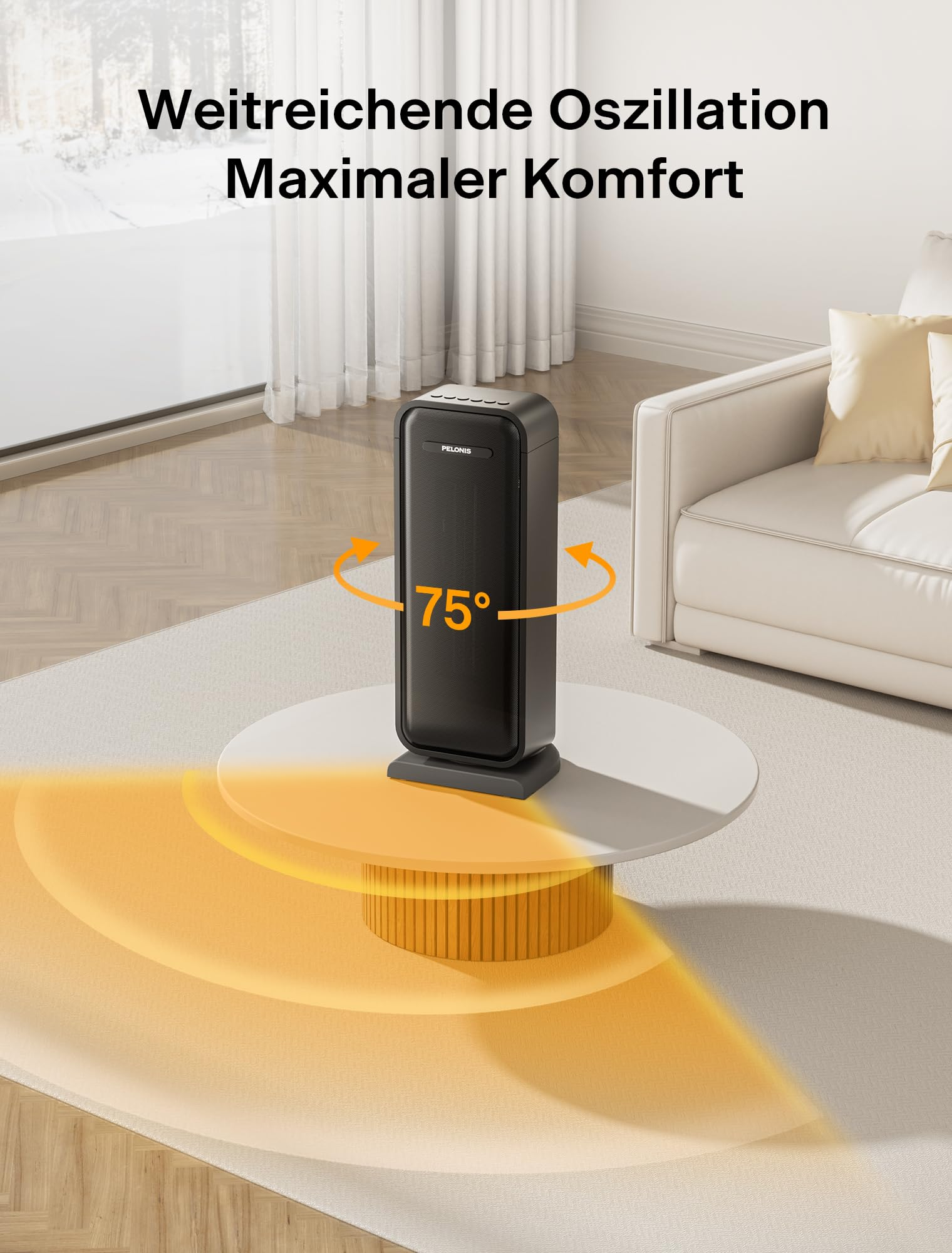 Ein schwarzer Turmheizer auf einem Tisch zeigt 75 Grad Oszillation in einem Wohnzimmer.