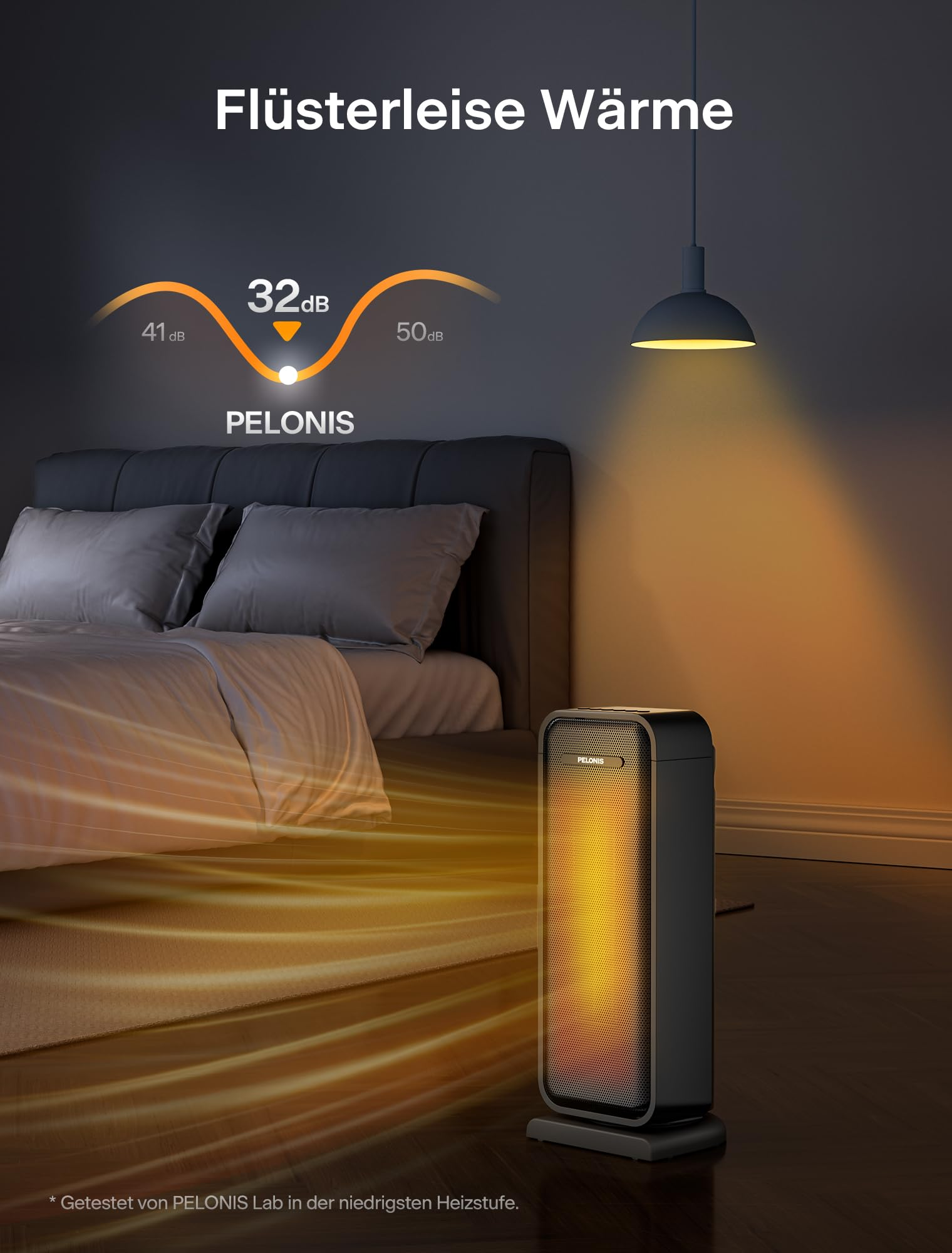 Ein schwarzer Pelonis-Heizlüfter im Schlafzimmer erzeugt flüsterleise Wärme von 32 dB.