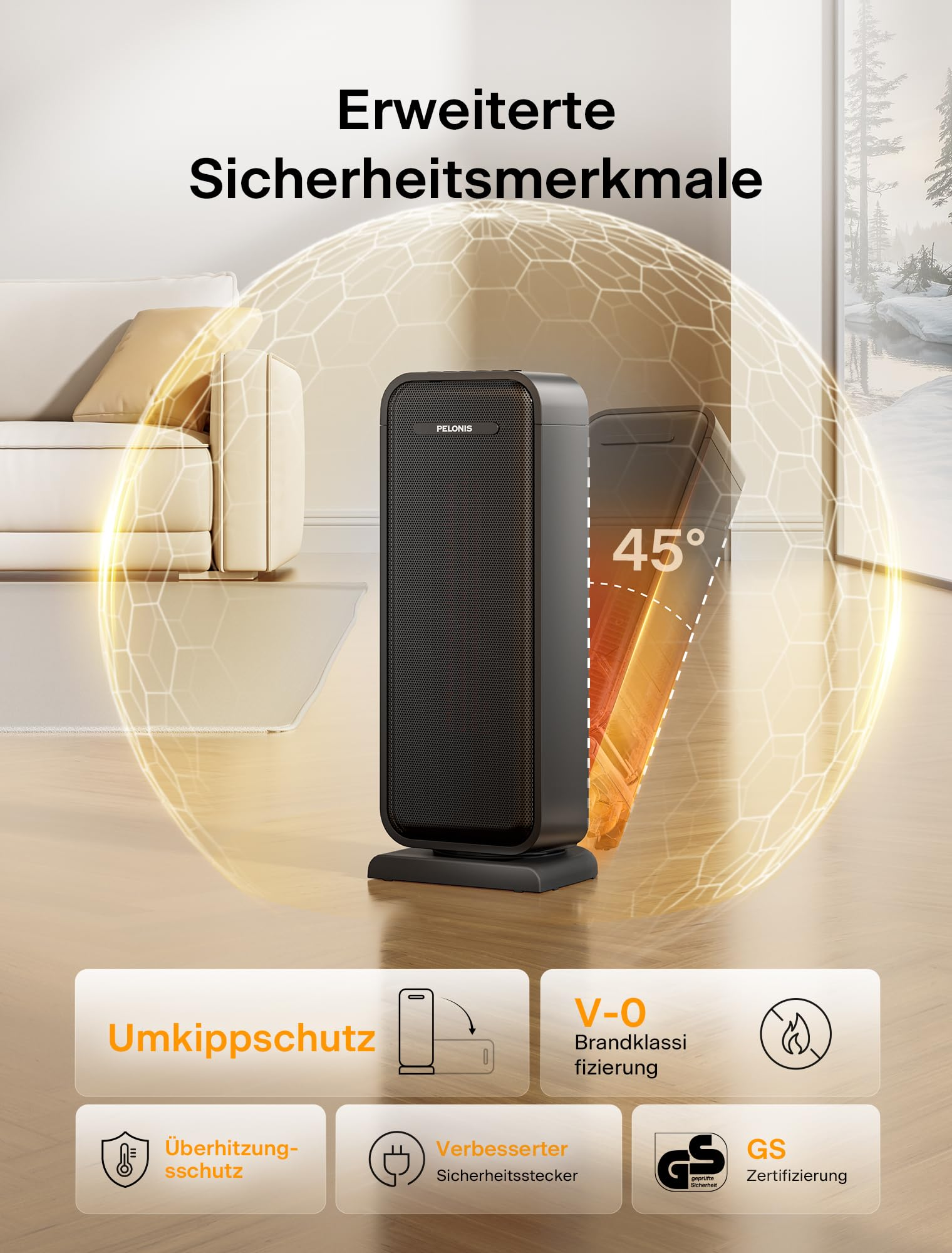 Ein schwarzer Turmheizlüfter mit 45-Grad-Kippschutz und Sicherheitsmerkmalen in einer Grafik.
