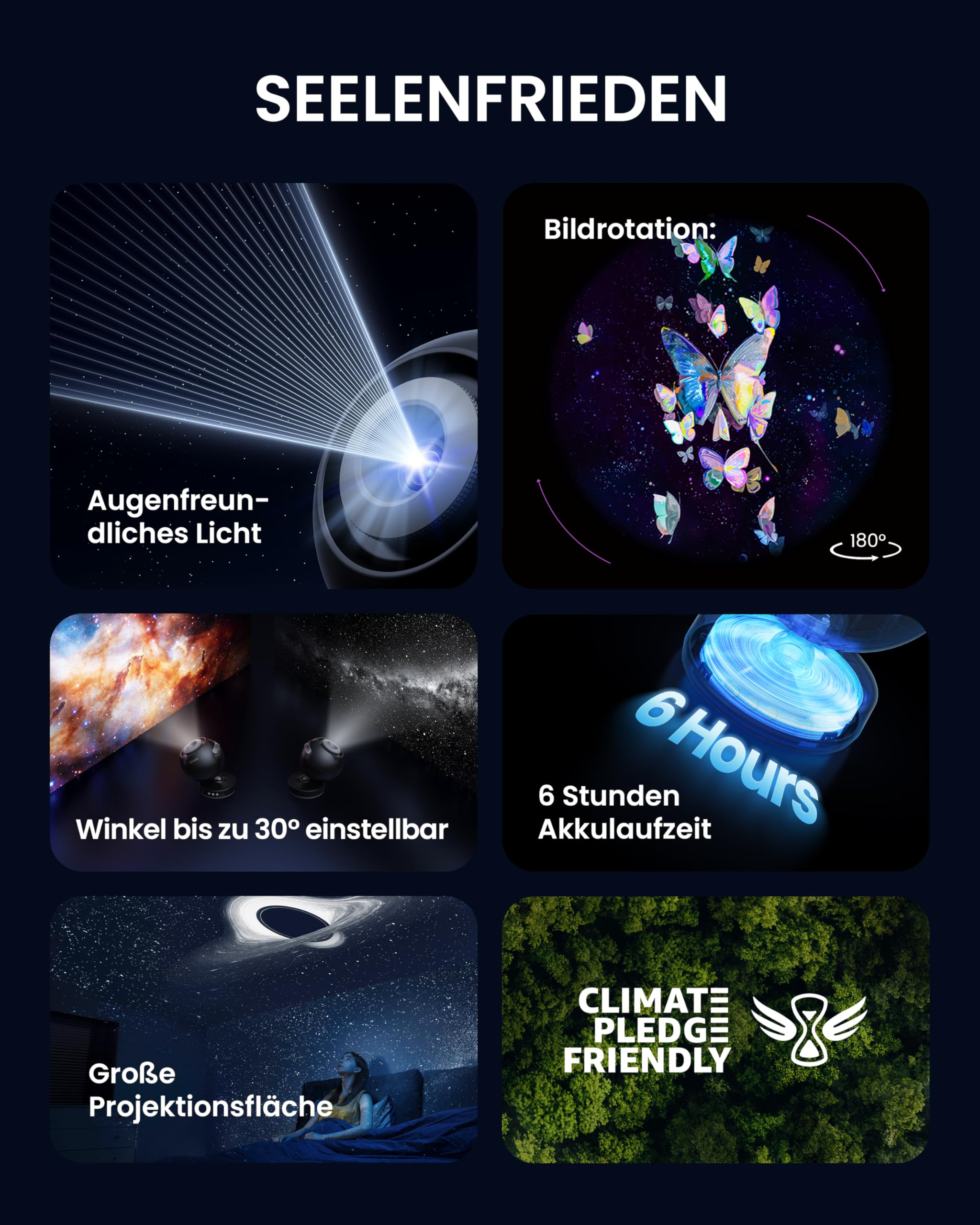 Seelenfrieden-Produktinfografik mit sechs Bildern zu Projektorfunktionen und Umweltschutz.