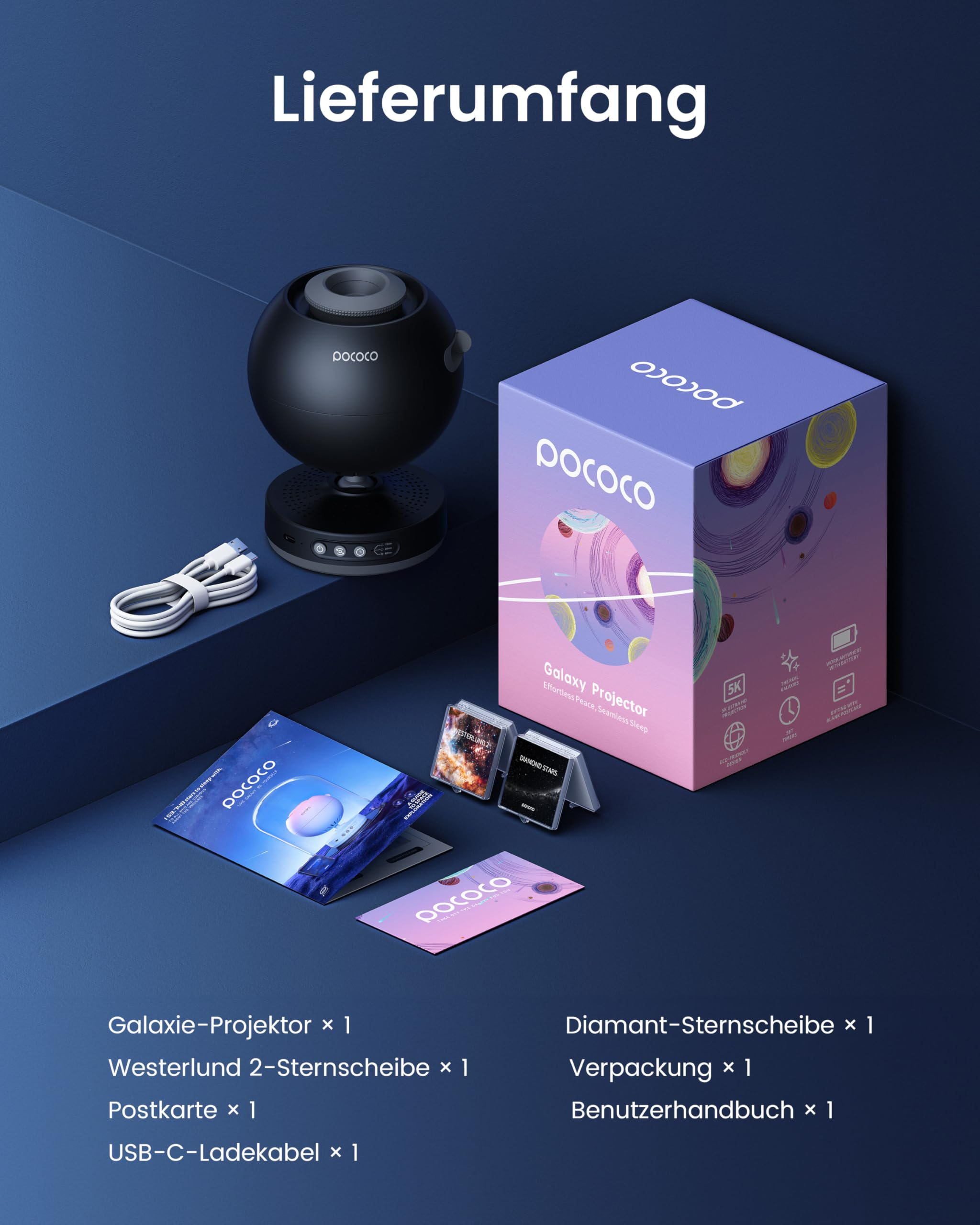 Lieferumfang eines Pococo Galaxy-Projektors mit schwarzem Gerät, Box, Kabel, Anleitungen und Diascheiben auf blauem Grund.