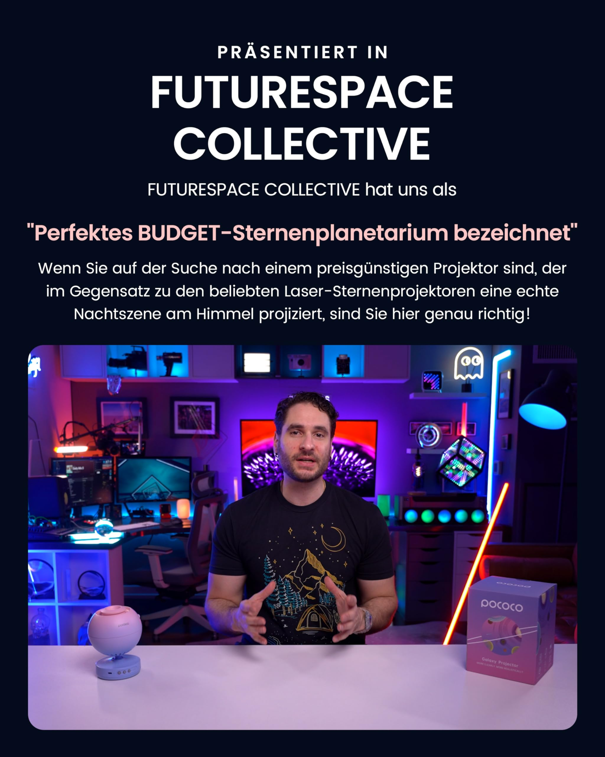 Ein Mann sitzt in einem bunten Gaming-Zimmer vor Texten und Geräten.