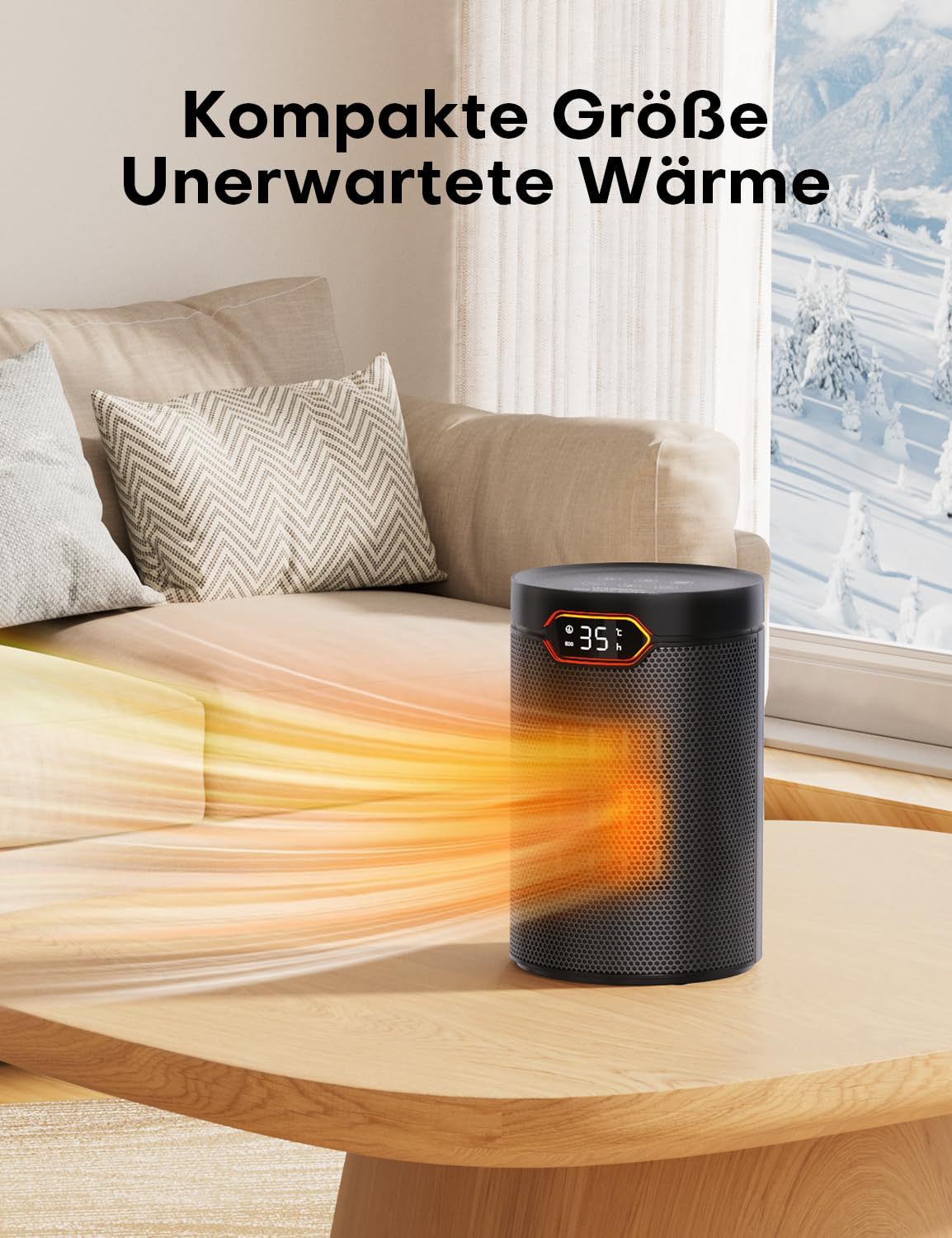 Ein schwarzer Heizlüfter auf einem Holztisch strahlt warme orangefarbene Wellen in einem gemütlichen Wohnzimmer aus.