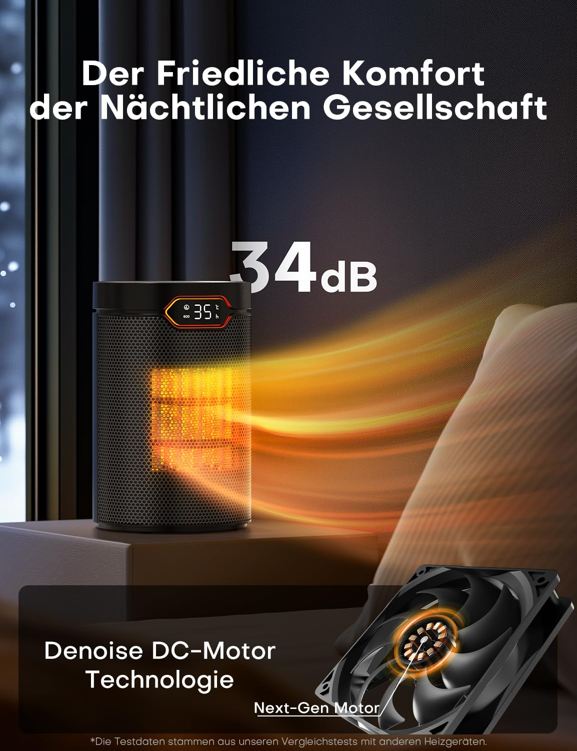 Ein schwarzer Heizlüfter strahlt Wärme aus und steht neben einem Bett bei Nacht.