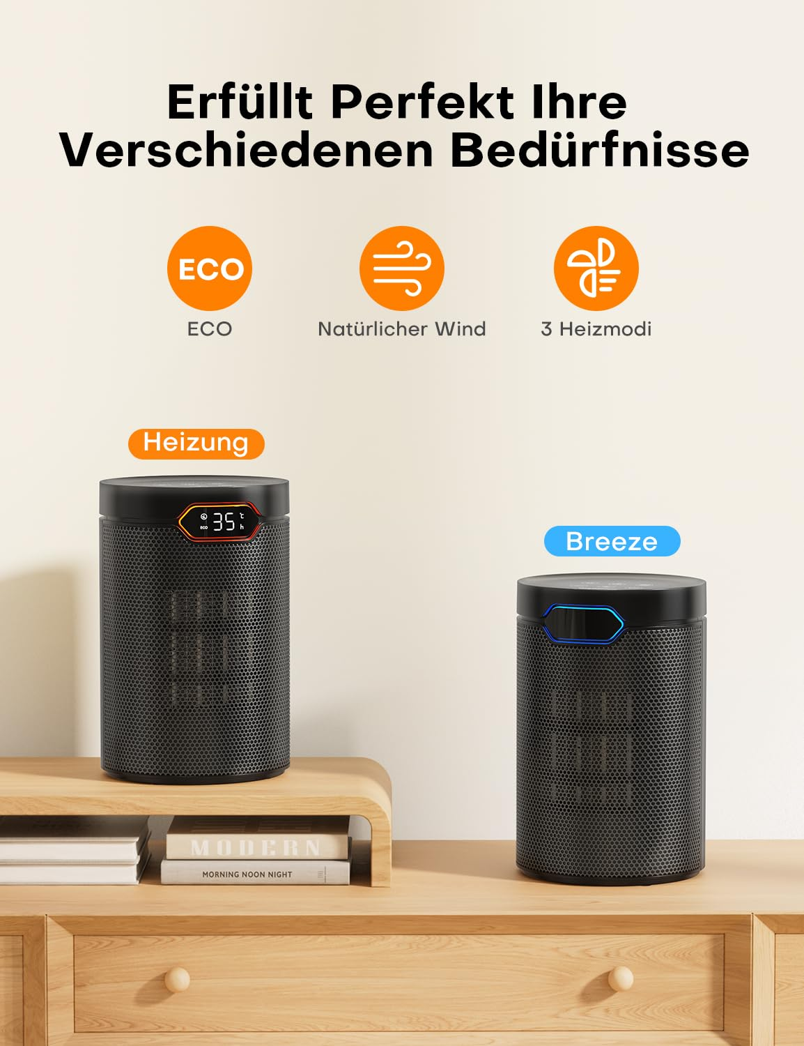 Zwei schwarze zylindrische Geräte stehen auf einer Holzakommune mit Icons darüber und Text.