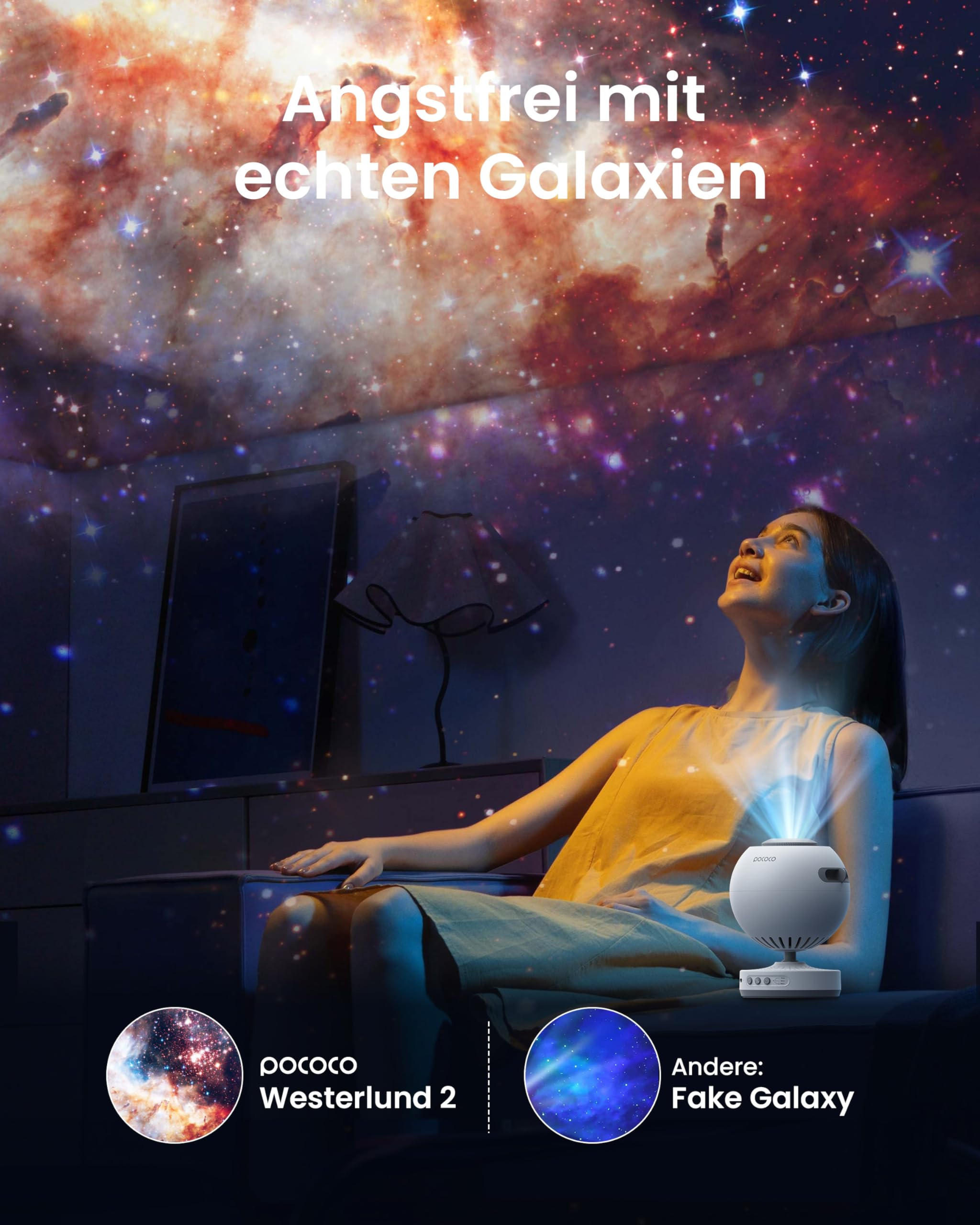 Eine Frau blickt staunend auf eine an die Decke projizierte, realistische Galaxie.