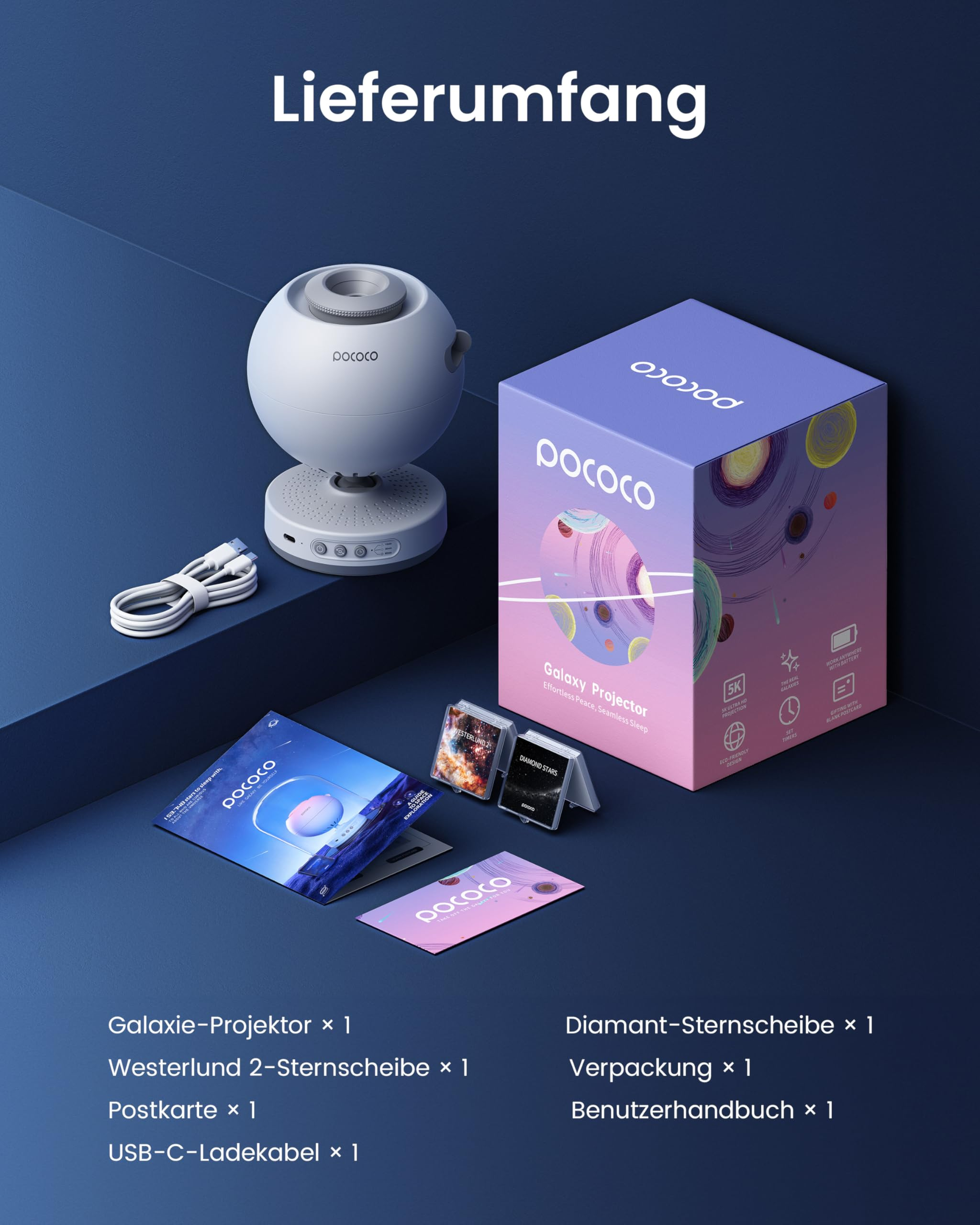 Lieferumfang eines Pococo Galaxie-Projektors mit weißem Gerät, Box, Kabel, zwei Discs, Handbuch und Postkarte.