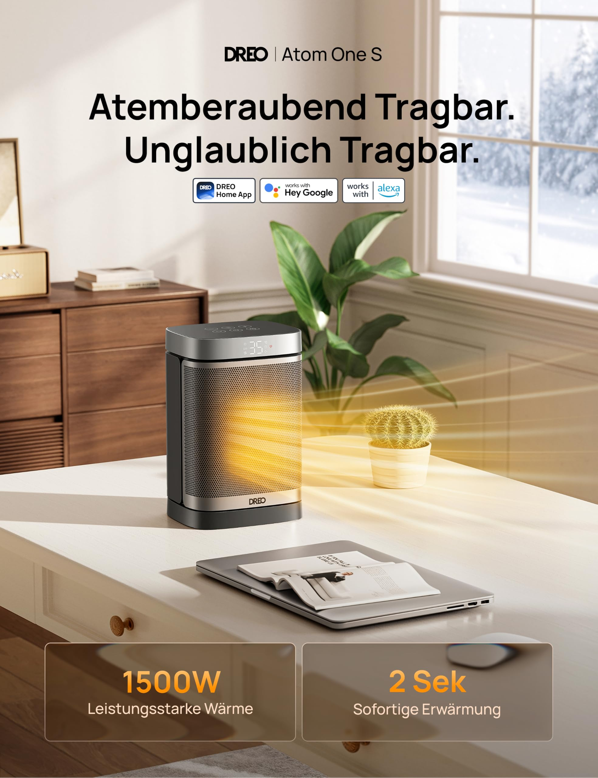 Ein Dreo-Heizlüfter auf einem Schreibtisch strahlt warmes Licht aus, begleitet von deutschem Text über Funktionen.