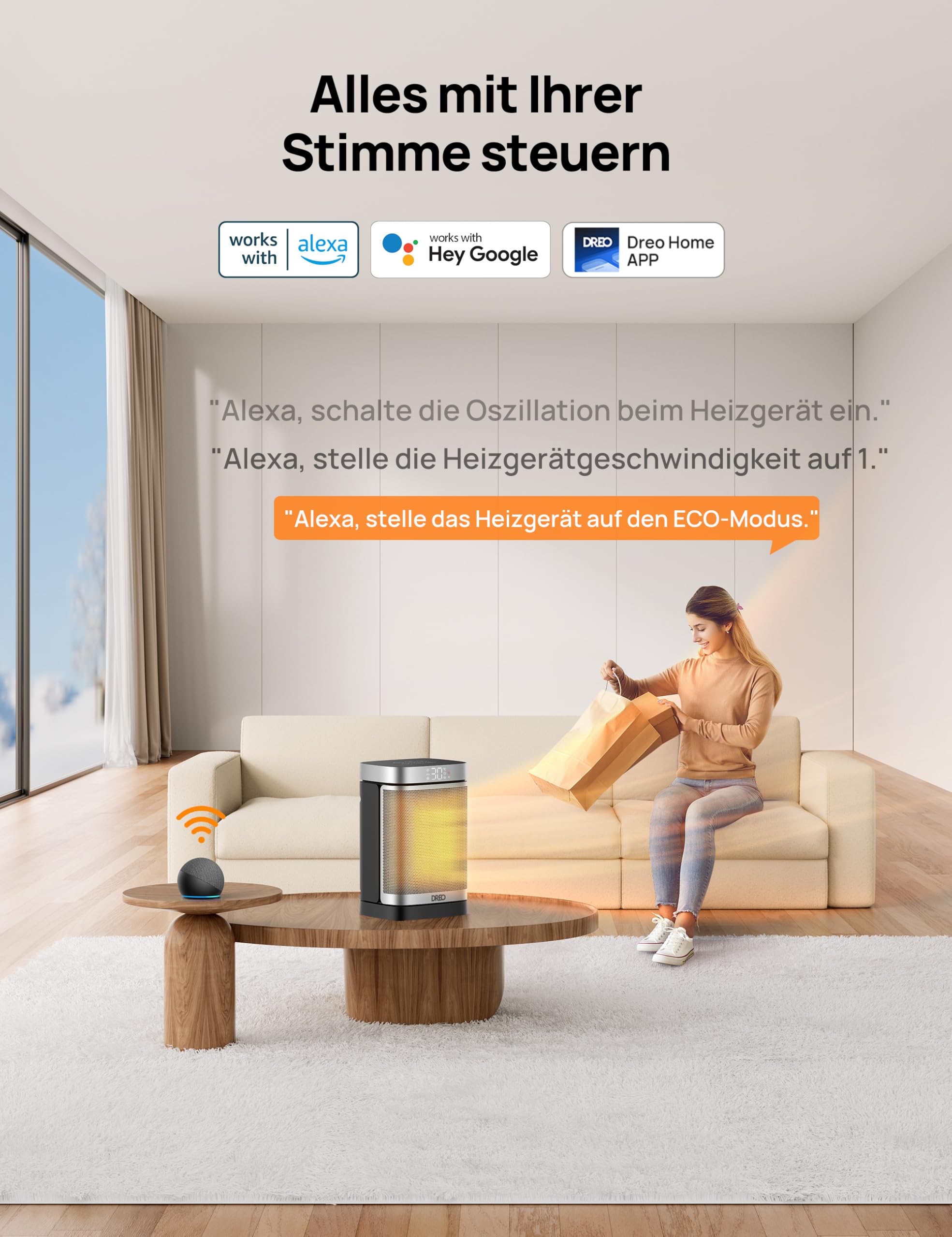 Raum mit Frau auf Sofa, Heizlüfter auf Tisch und Sprachsteuerungs-Icons.