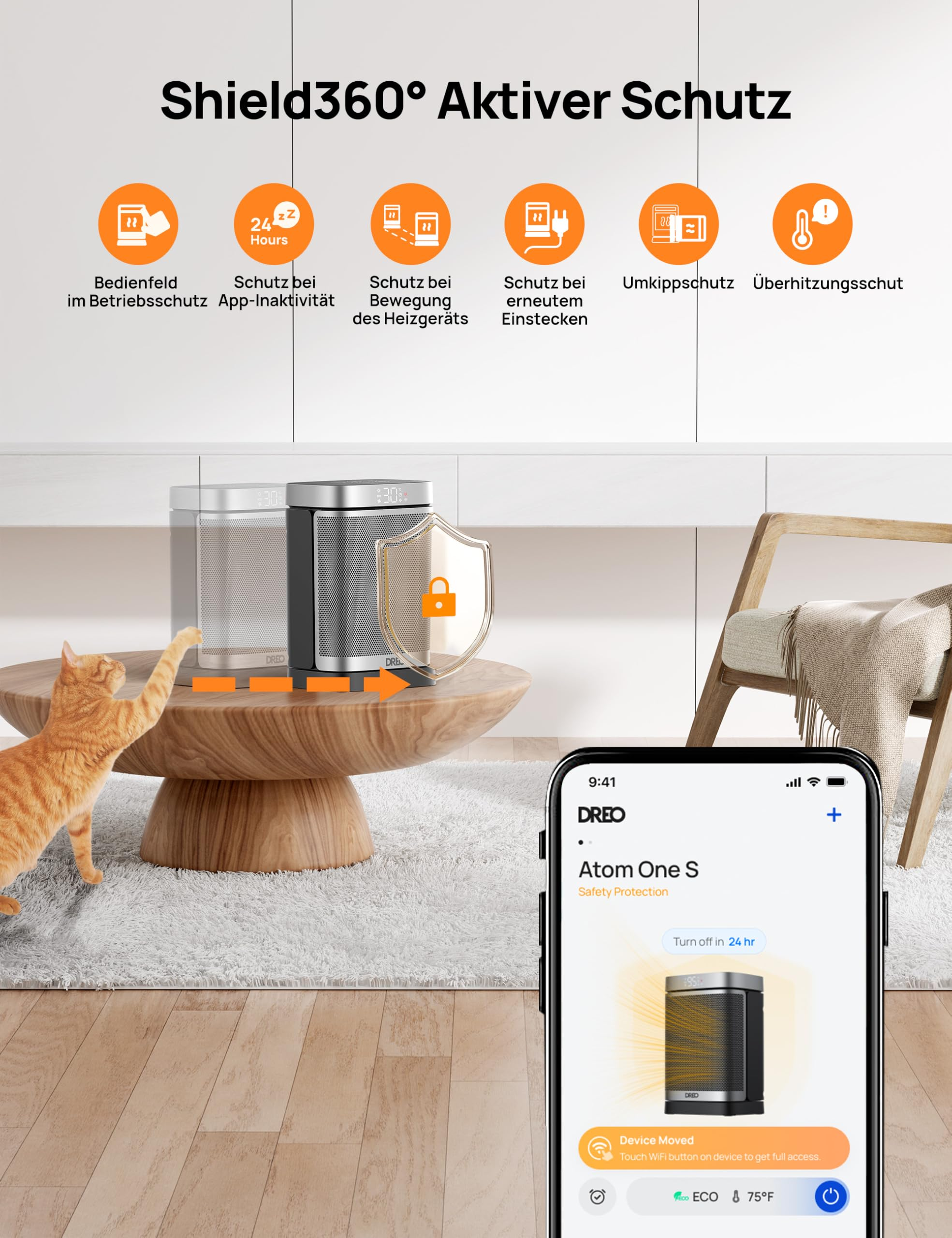 Infografik zeigt Sicherheitsfeatures eines Heizgeräts mit Smartphone-App und Katze im Raum.