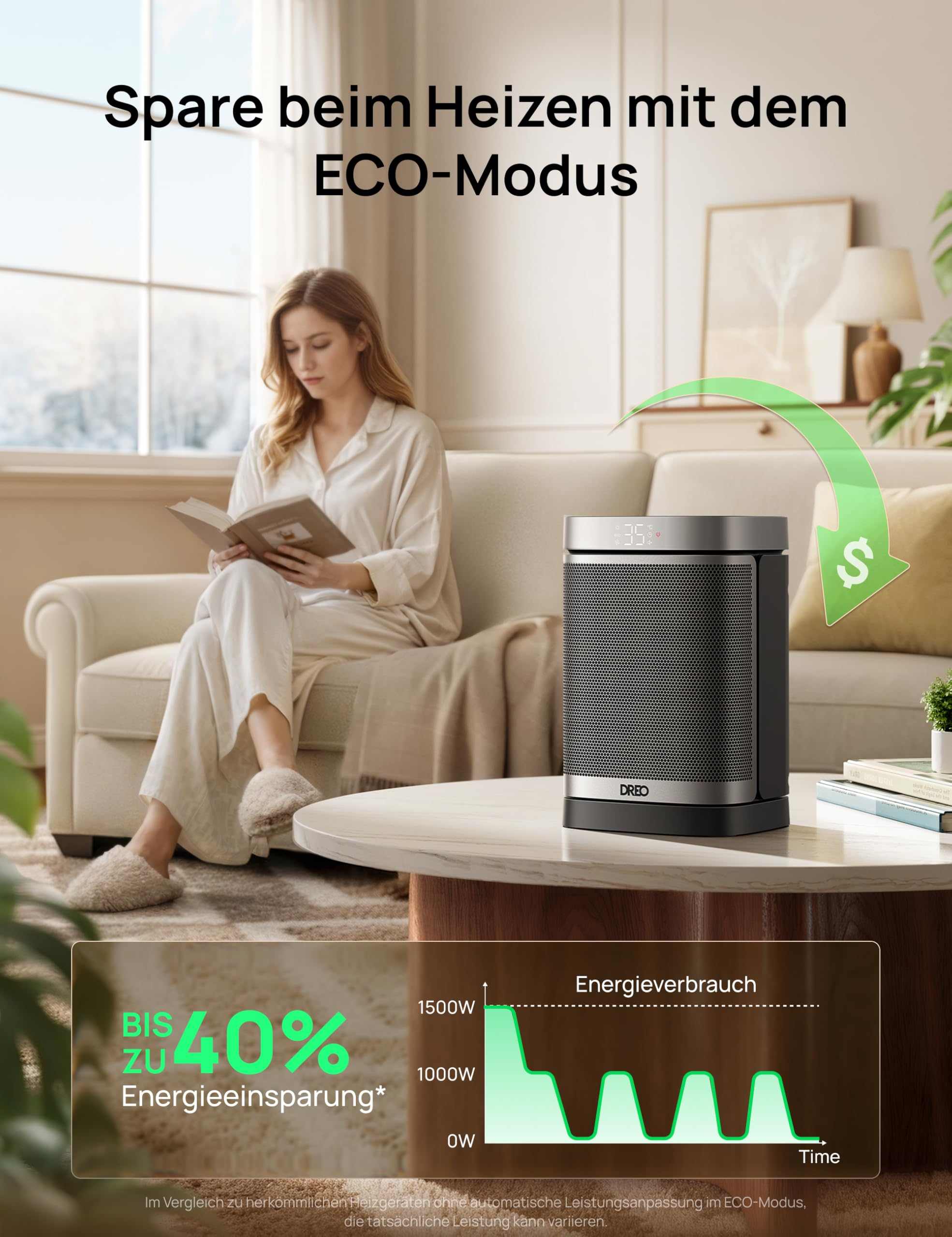 Eine Frau liest auf einem Sofa neben einem Dreo Heizlüfter, mit einem Energiespar-Diagramm.