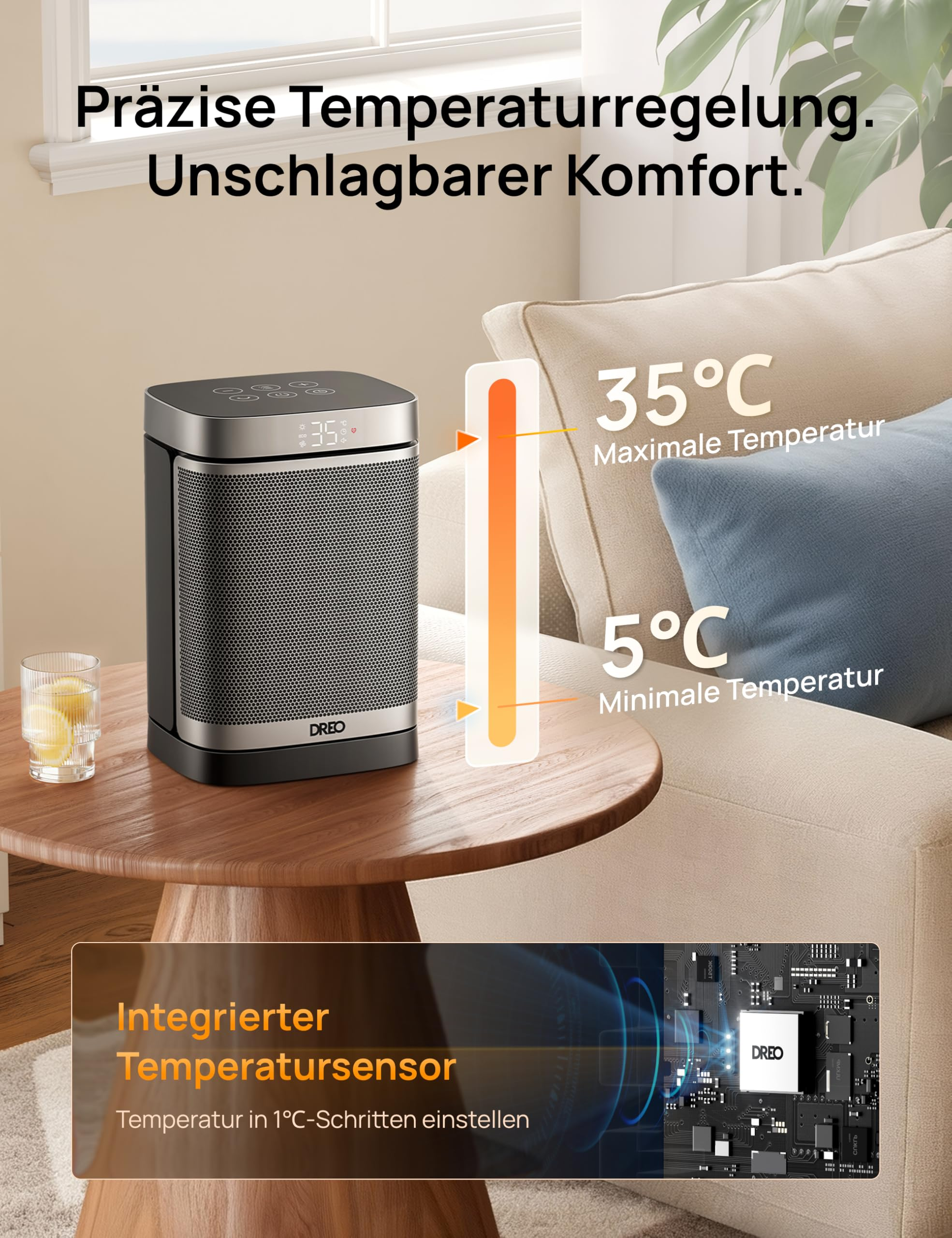 Ein tragbarer Heizlüfter auf einem Holztisch im Wohnzimmer, mit Temperaturanzeige.