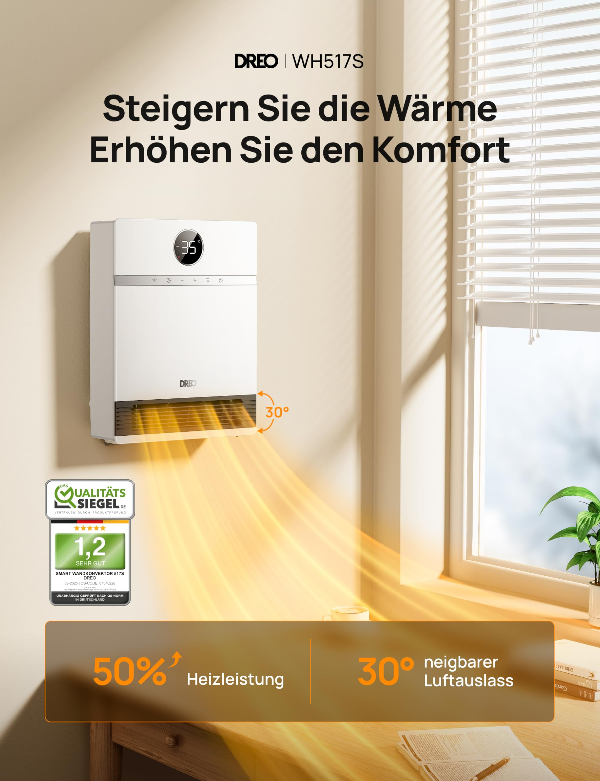 Ein weißer Dreo WH517S Wandkonvektor an einer Wand, der warme Luft nach unten abgibt, mit Text und Gütesiegel.